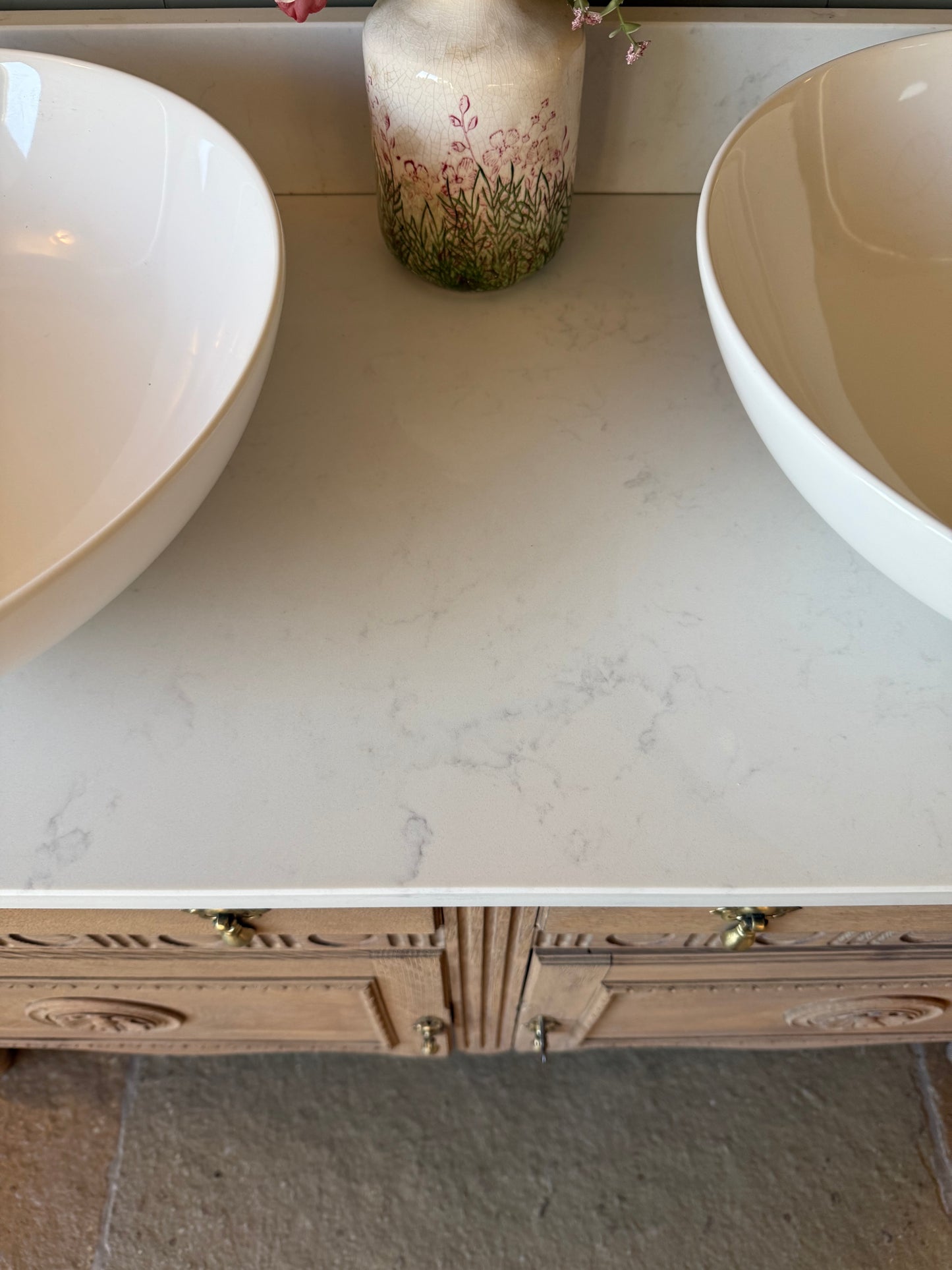 Double solid oak Vanity Sink, Carrara Quartz Top, Upstand and two basins. (123.5cm wide)