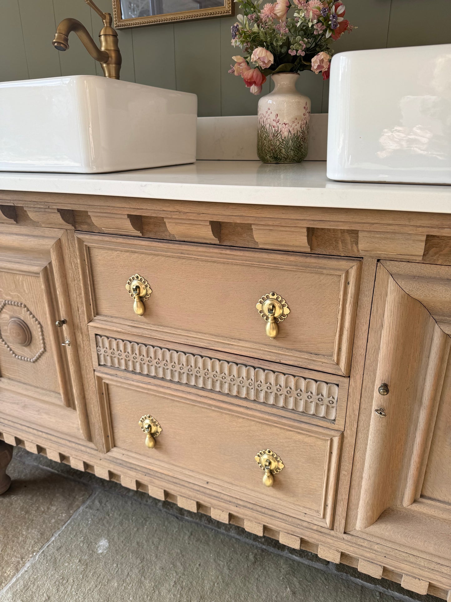 Large Vintage Solid Oak Vanity Sink unit, Carrara Quartz top, Upstand and two basins (choice of rectangular or circular) 154cm wide.
