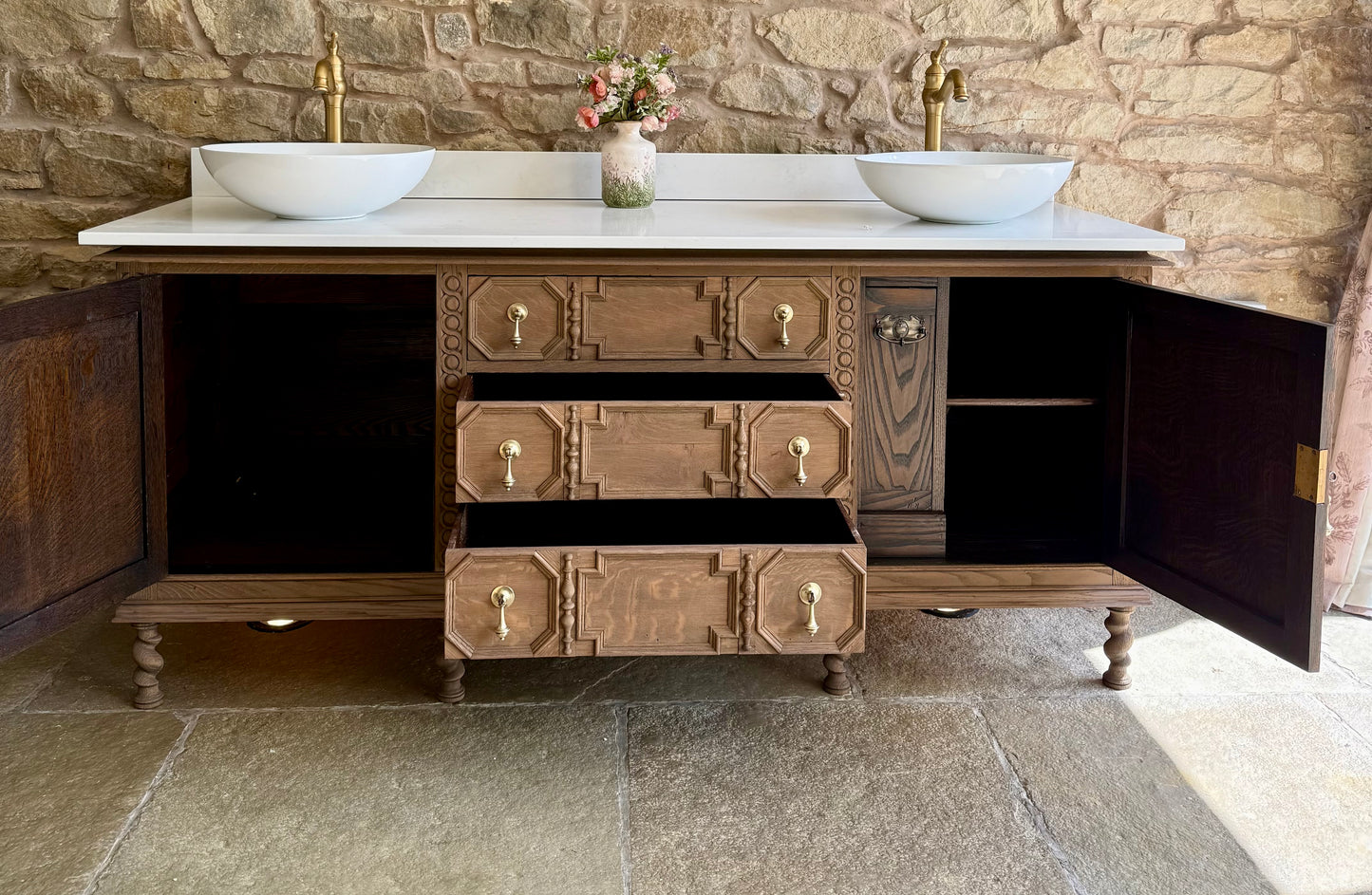 Large Carved Antique Solid Oak Vanity Sink Unit, Carrara Quartz Top, Upstand and TwoBasins.(182 cm wide)