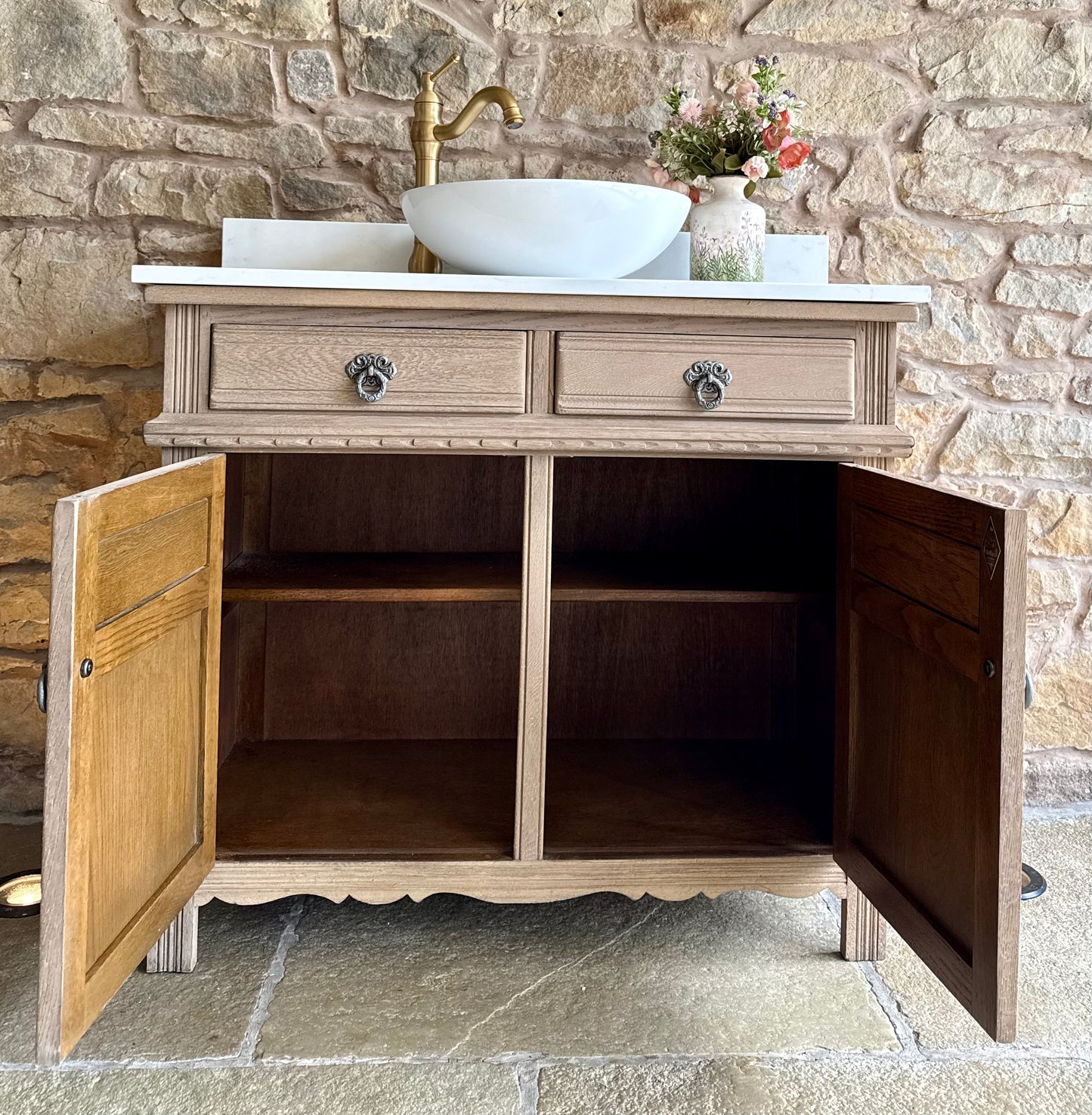 Vintage Oak Vanity Sink, Carrara Quartz top, Upstand and basin. (95cm wide)
