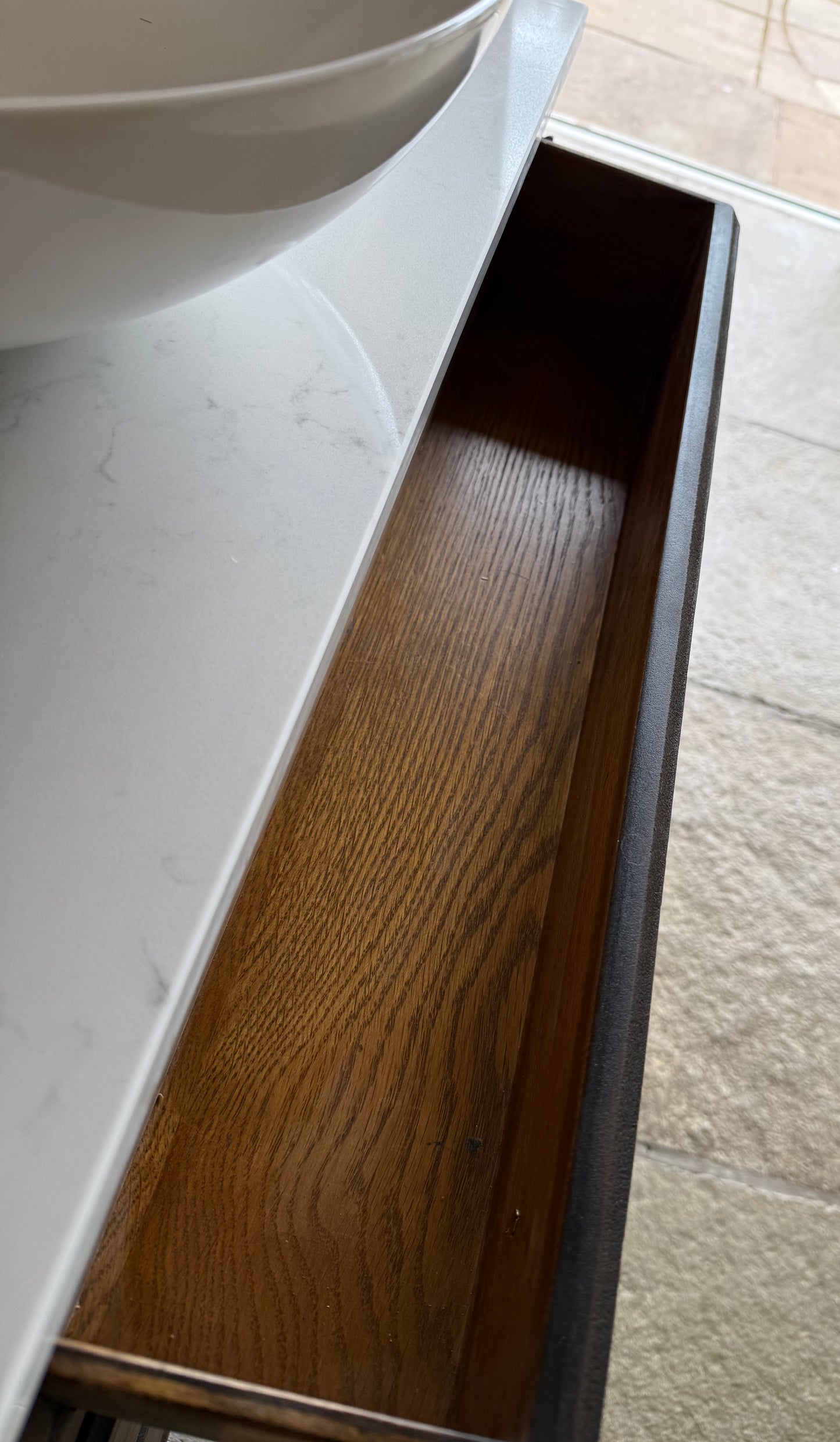 Classic Dark Oak Vanity Sink, Quartz Top, Upstand and basin (79cm wide)
