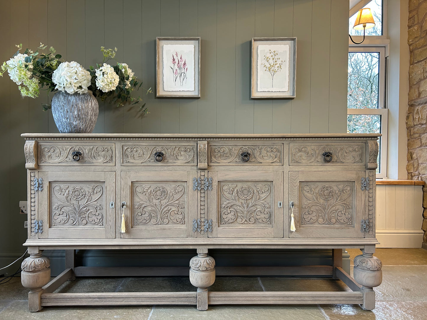 Vintage Carved Weathered Oak Sideboard