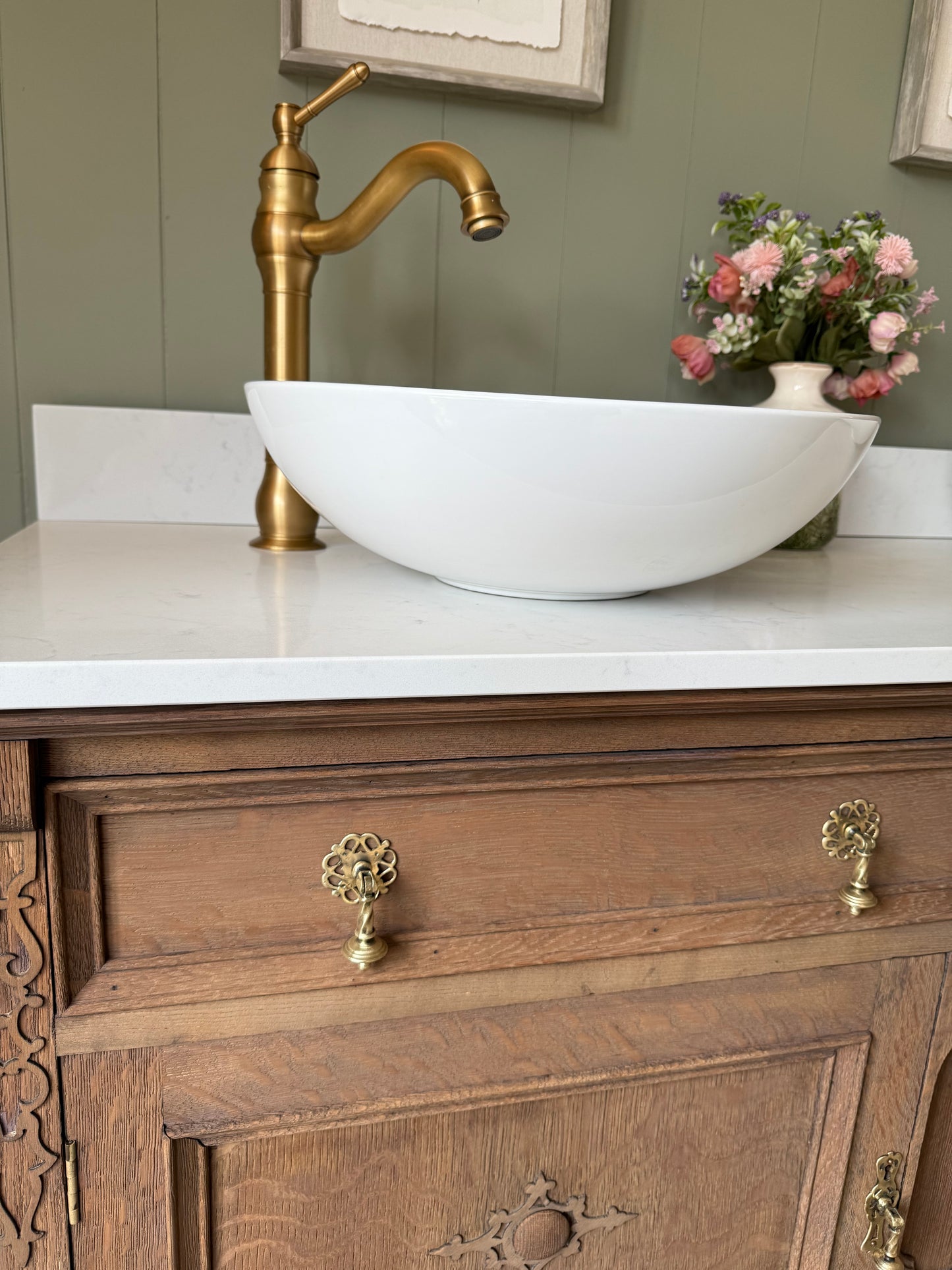 Vintage Mid Oak Vanity Sink, Quartz top, Upstand and two basins. (138cm wide)