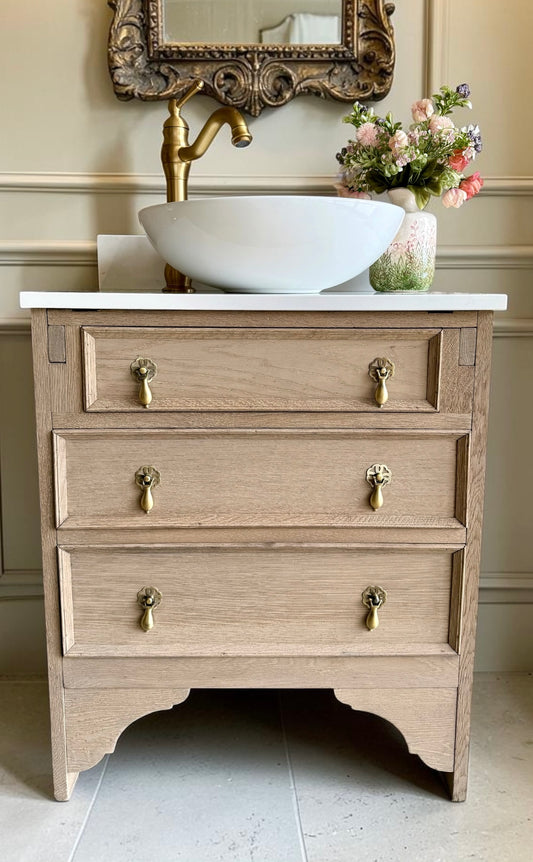 Small Vintage Oak Vanity Unit, Quartz top, Upstand and basin.