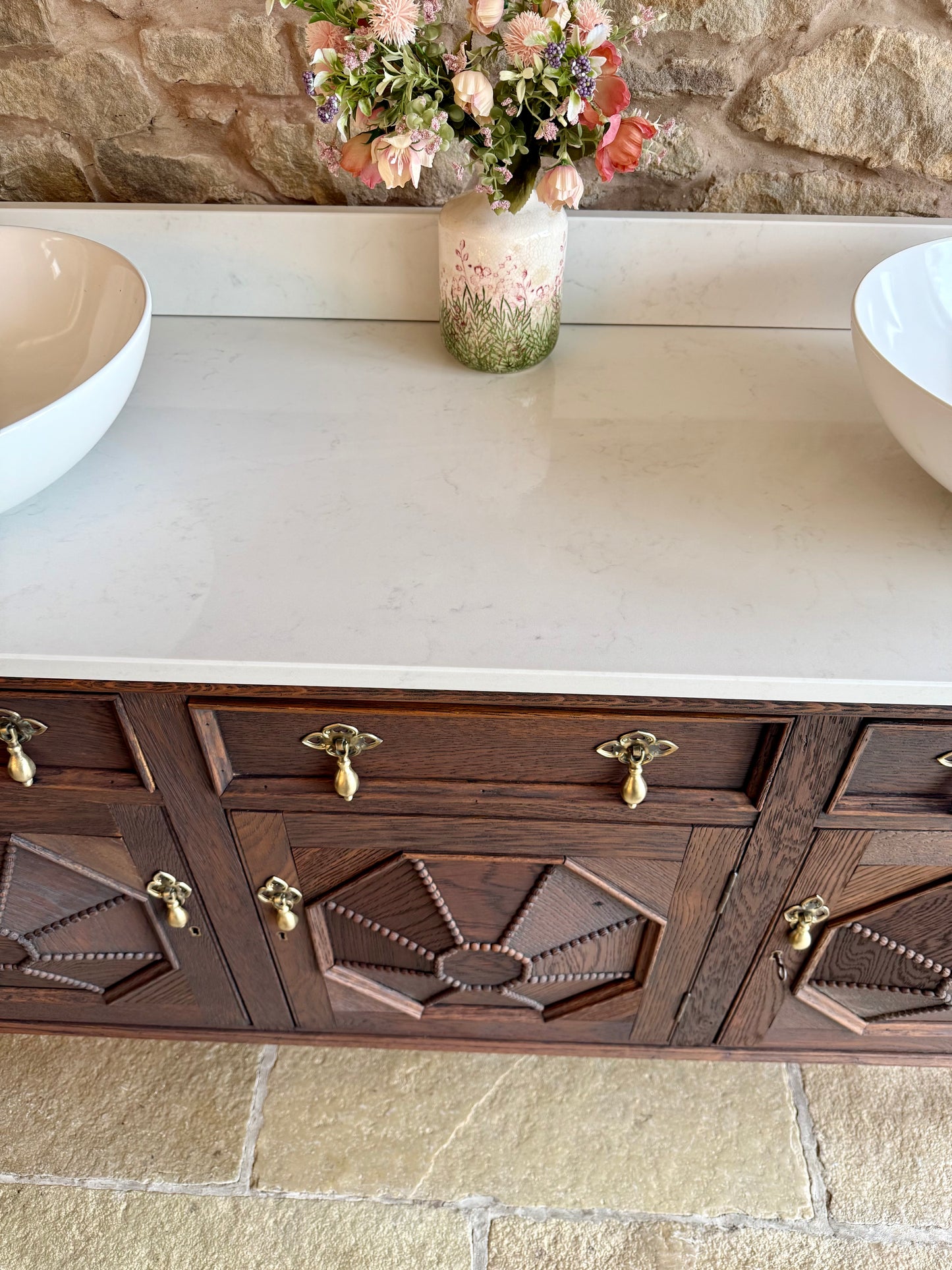 Large Vintage Vanity Sink in a Classic Dark Oak, Quartz Top, Upstand and Two Basins (154cm)