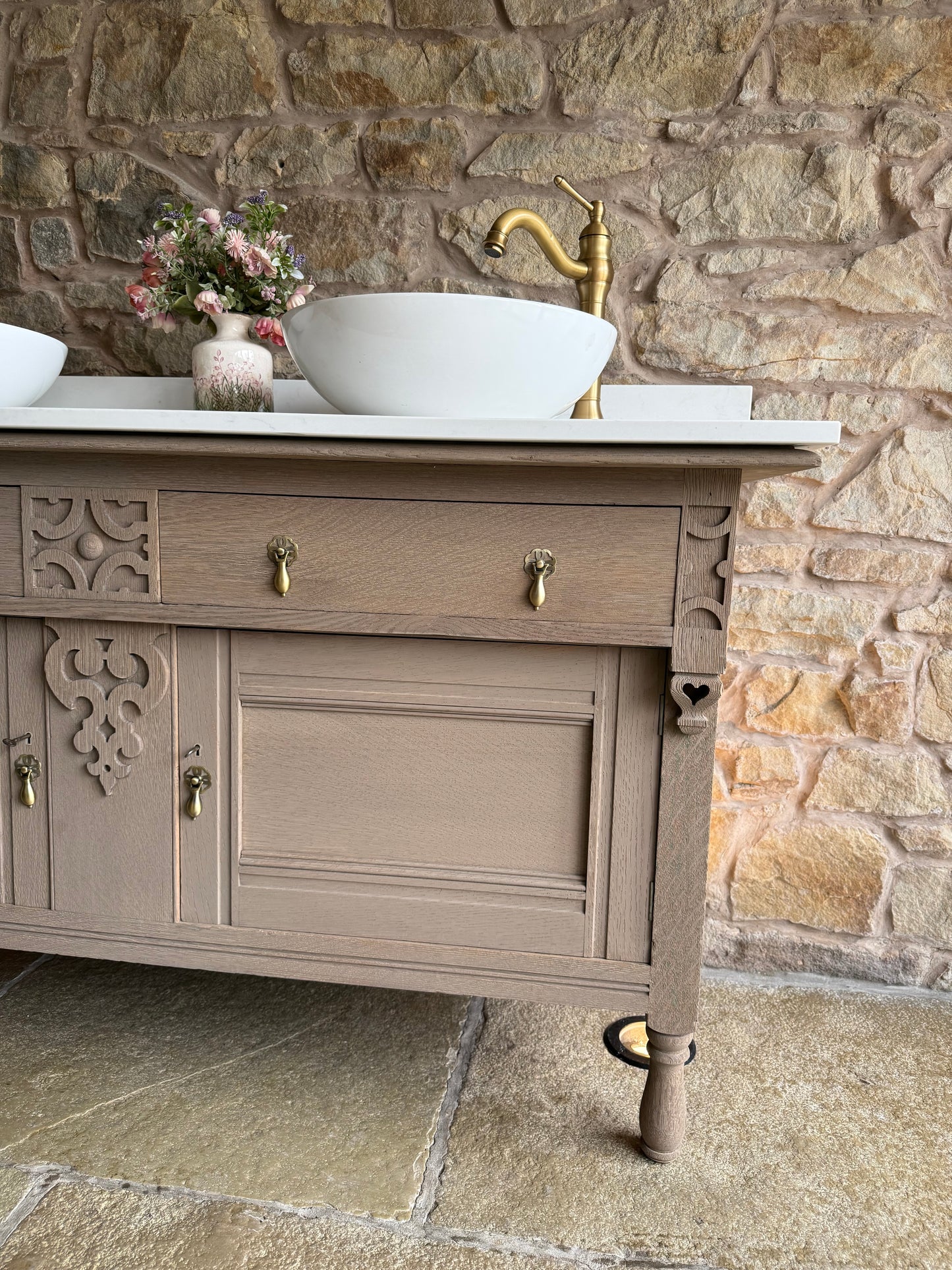Vintage Oak Double Vanity Sink Unit, Carrara Quartz Top, Upstand and Basins (154cm wide) Finished in a Light Oak