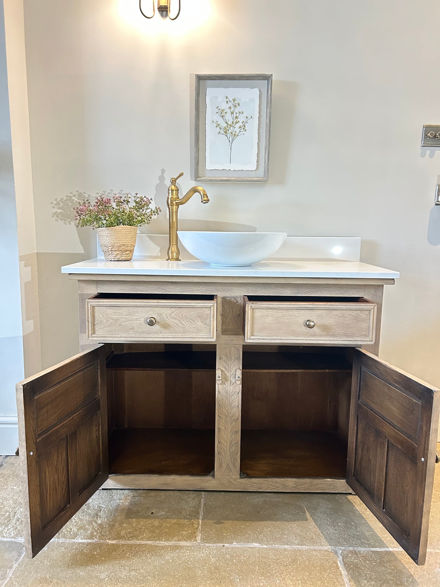 Large Single Oak Vanity Sink 109cm wide, quartz top, basin and Upstand