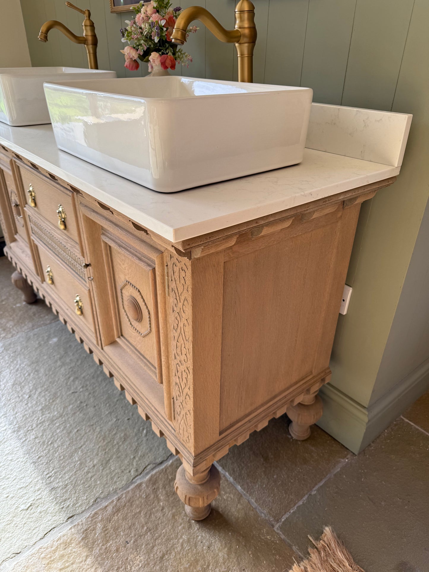 Large Vintage Solid Oak Vanity Sink unit, Carrara Quartz top, Upstand and two basins (choice of rectangular or circular) 154cm wide.