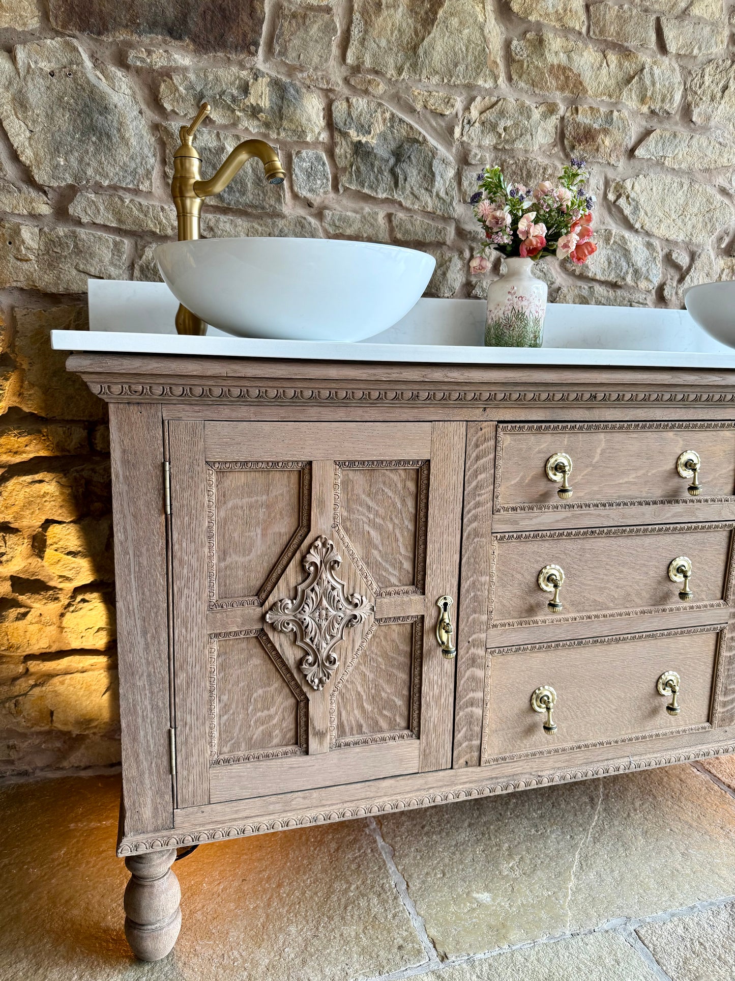 Vintage Solid Oak Double Vanity Sink, Carrara Quartz Top, Upstand and Two Basins