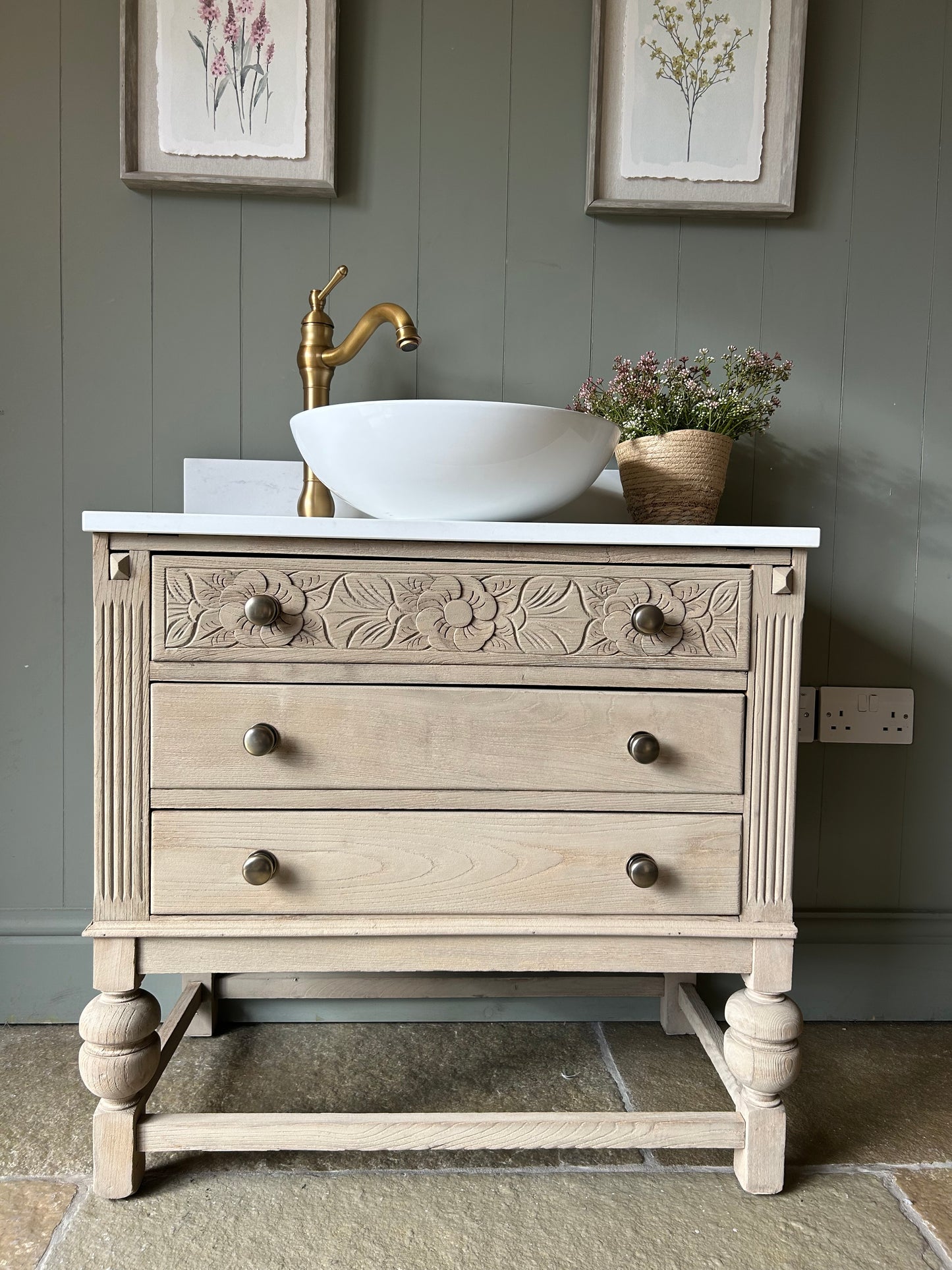Vintage Oak Vanity Sink with quartz top, basin and Upstand 77cm wide
