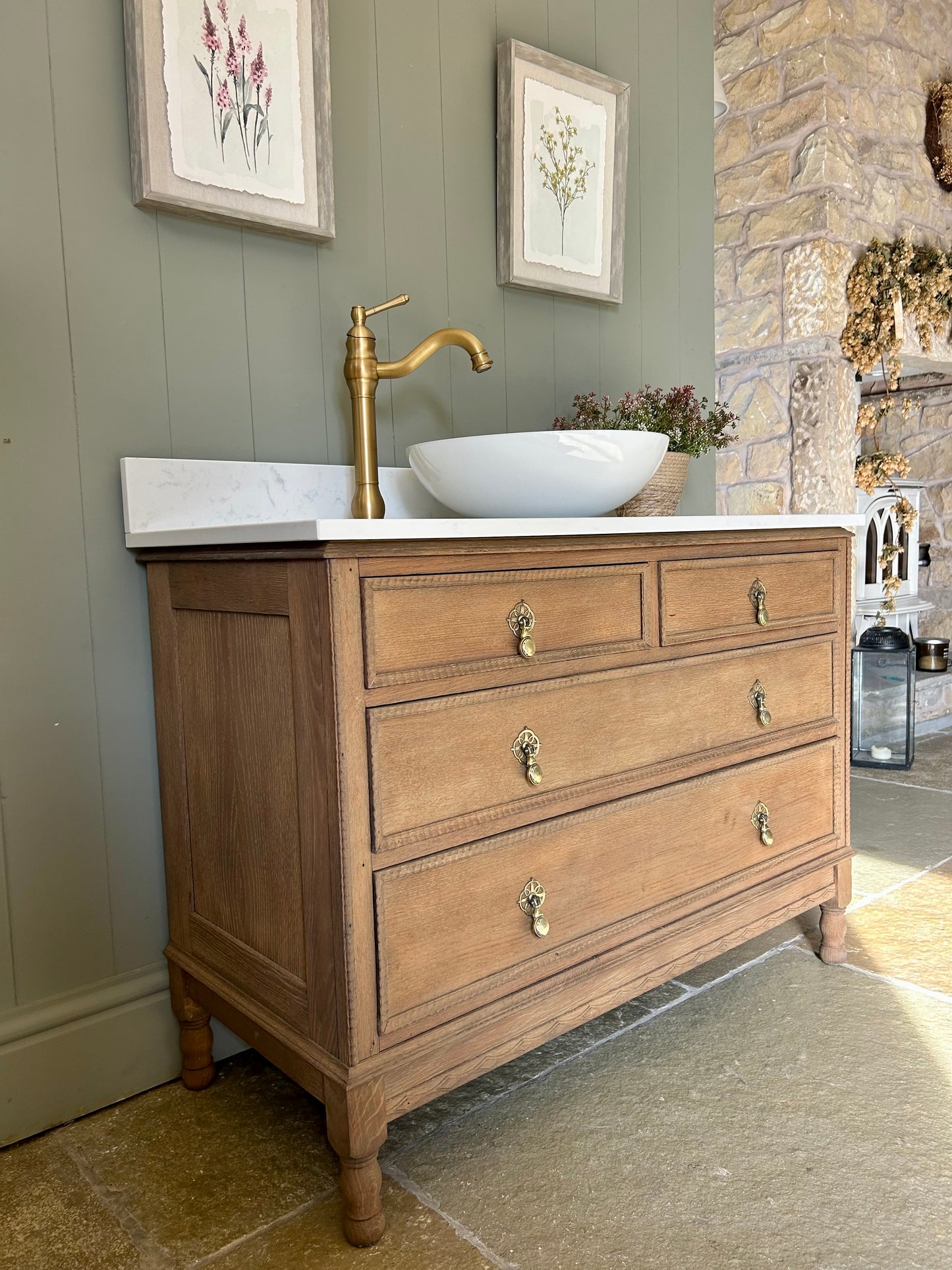Solid Oak Vanity Sink finished in a warm oak with quartz top, Upstand and basin. 107cm wide