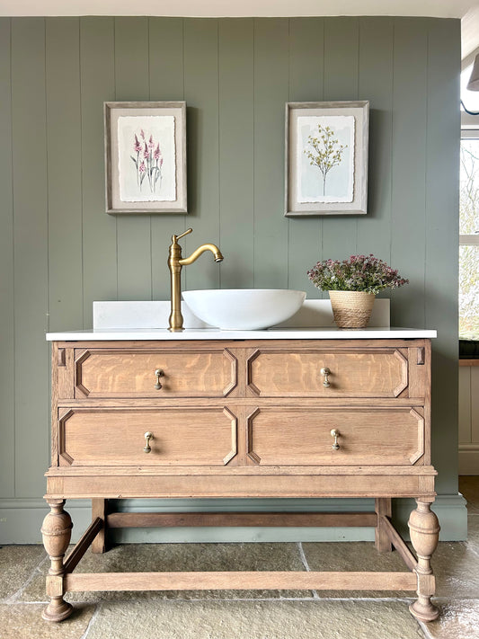 Solid Oak Vanity Sink in Warm Oak, quartz top, Upstand and Basin