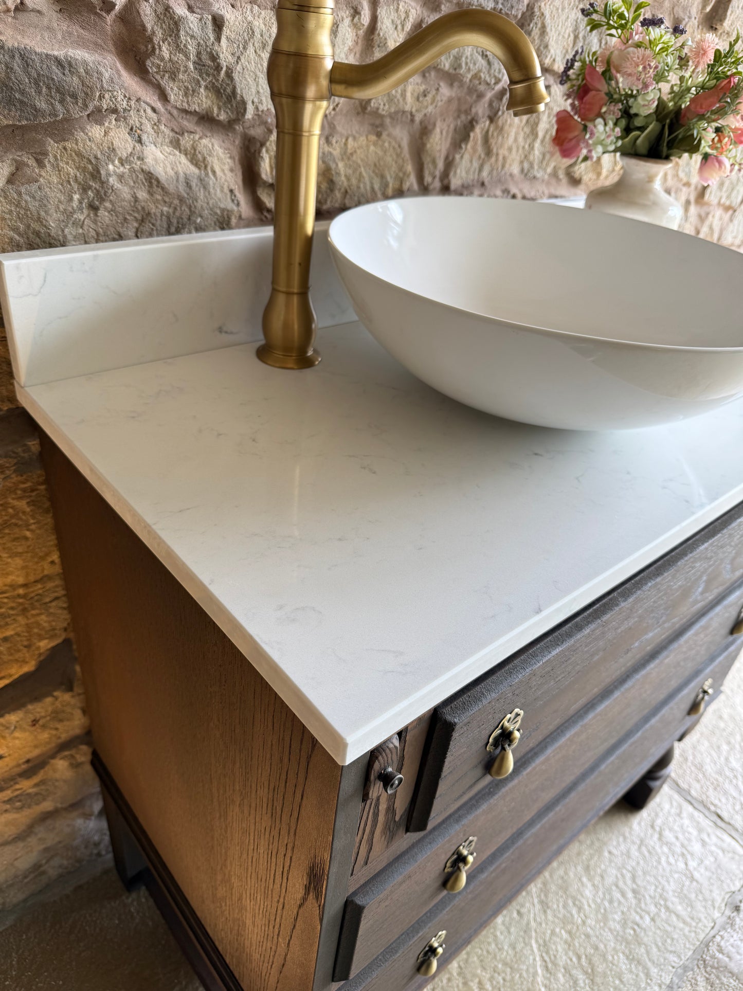 Classic Dark Oak Vanity Sink, Quartz Top, Upstand and basin (79cm wide)