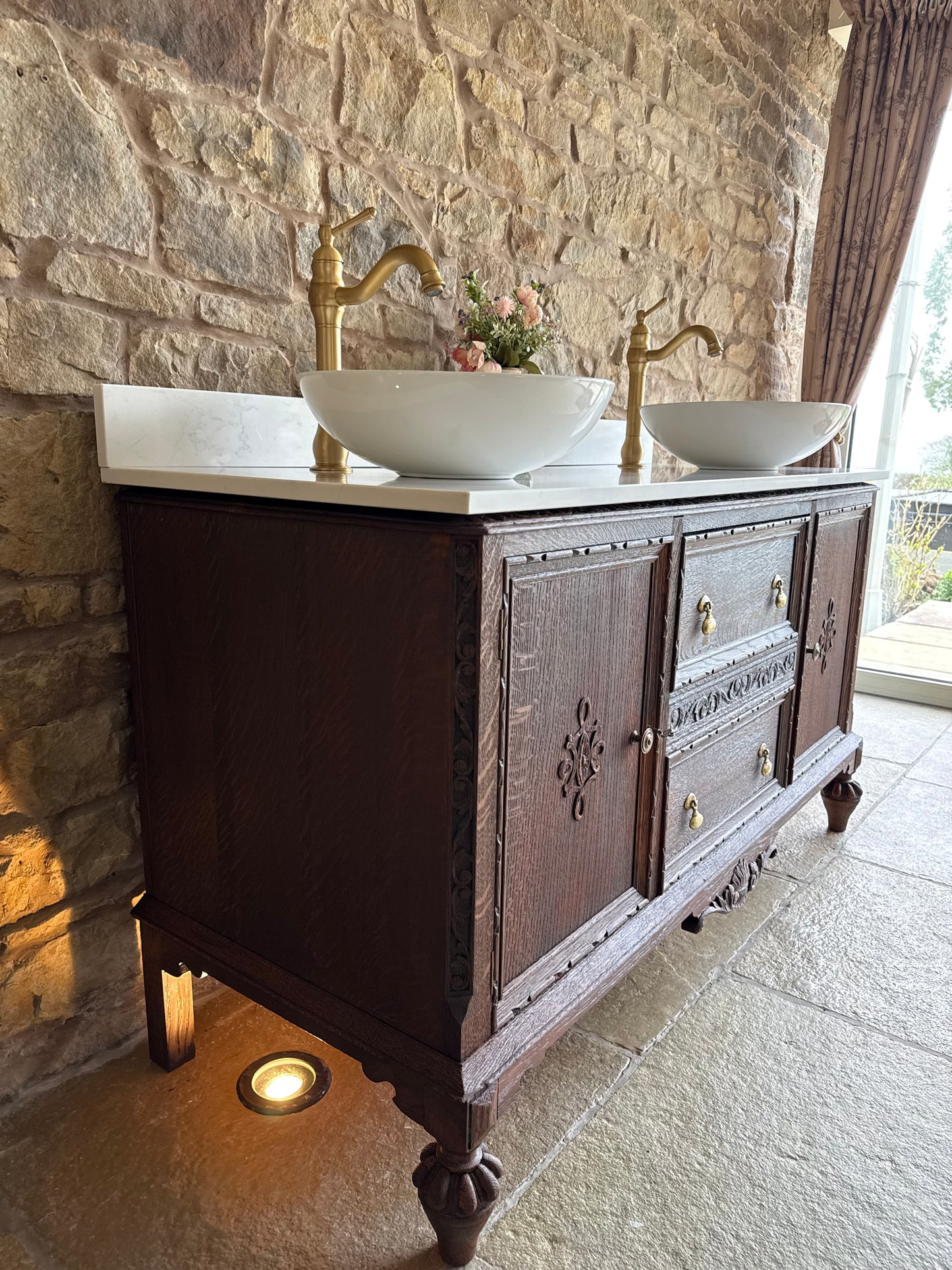 Beautiful Carved Oak Double Vanity Sink, Quartz Top, Upstand and two basins. (150.5cm)