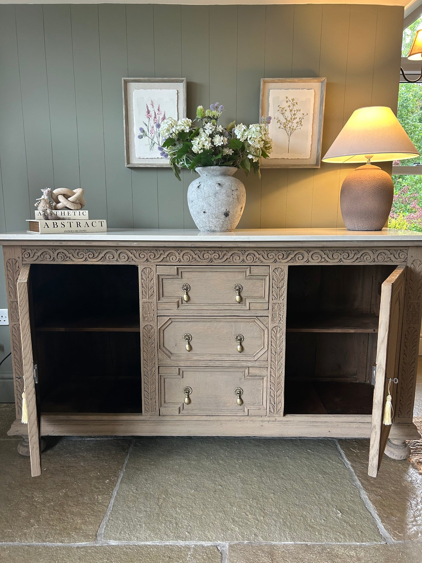 Large Antique Marble Quartz Top Sideboard finished in Weathered Oak Style.