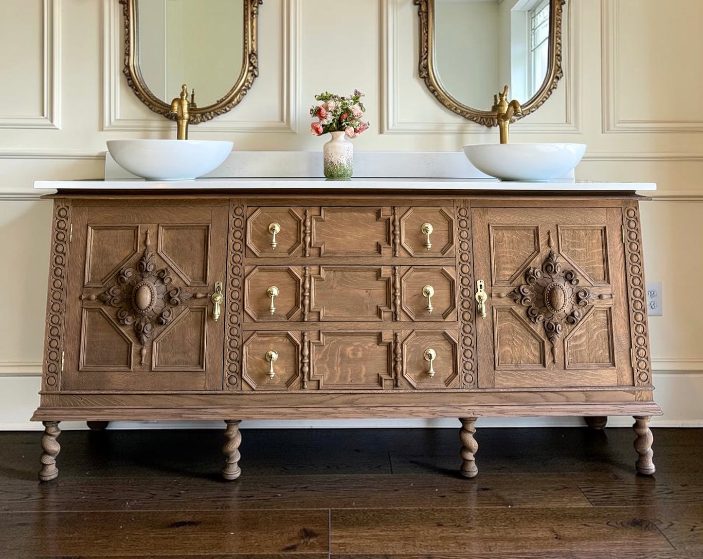 Large Carved Antique Solid Oak Vanity Sink Unit, Carrara Quartz Top, Upstand and TwoBasins.(182 cm wide)