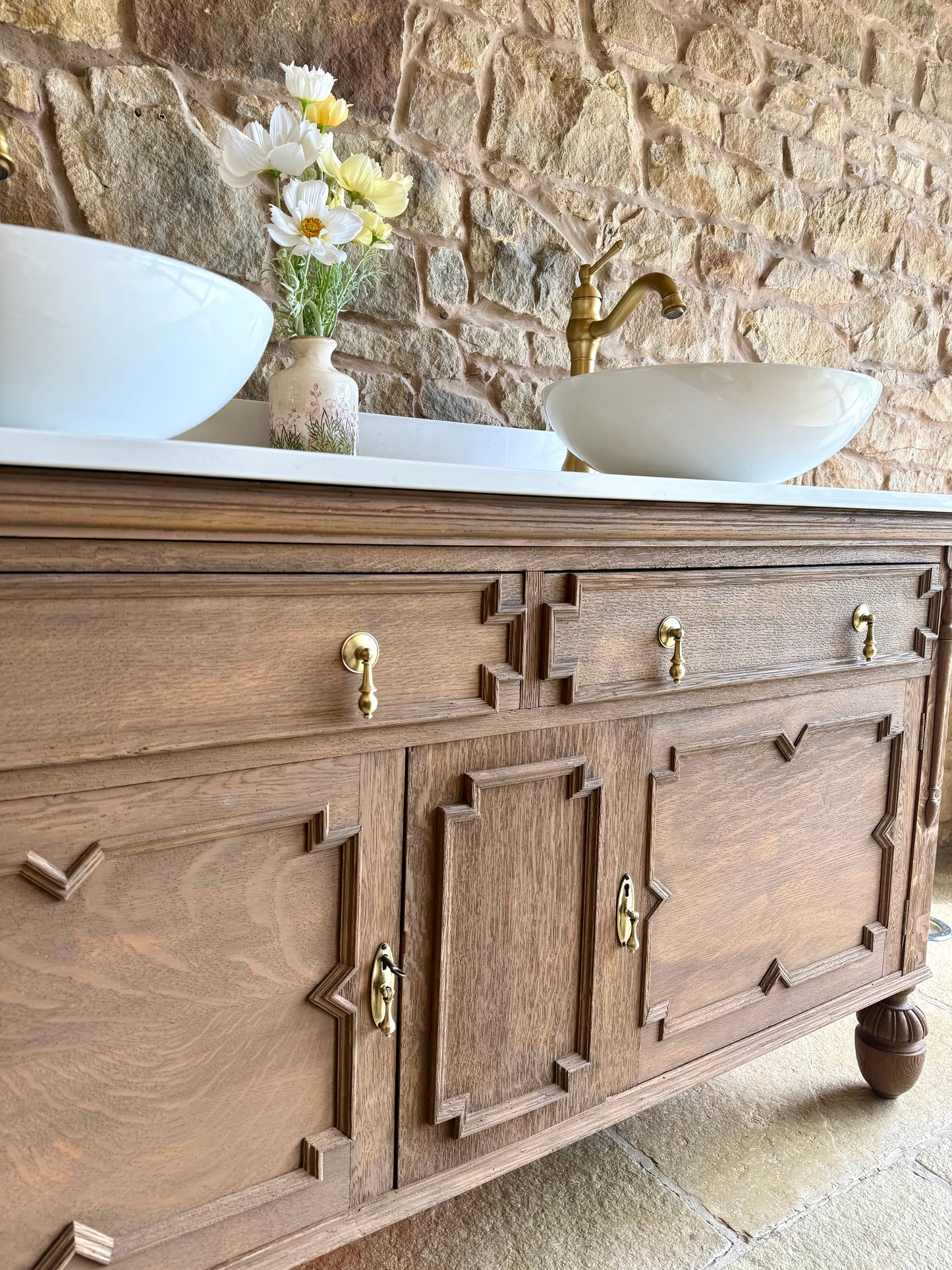 Vintage Solid Oak Double Vanity Sink Unit in a Warm Oak. Carrara Quartz Top, Upstand and Two Basins