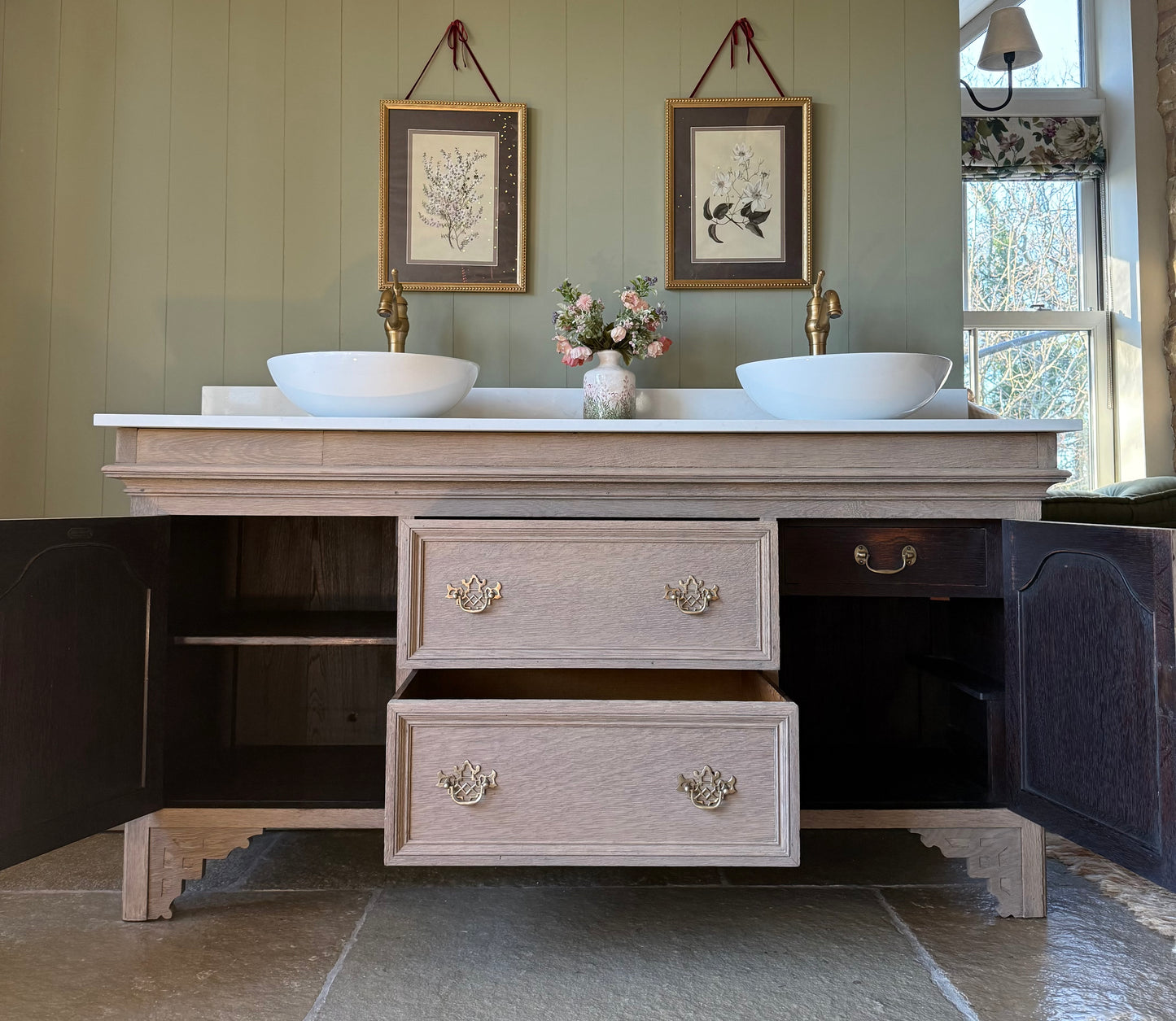 Large Vintage Vanity Sink, Carrara Quartz top, Upstand and two basins (168cm wide)