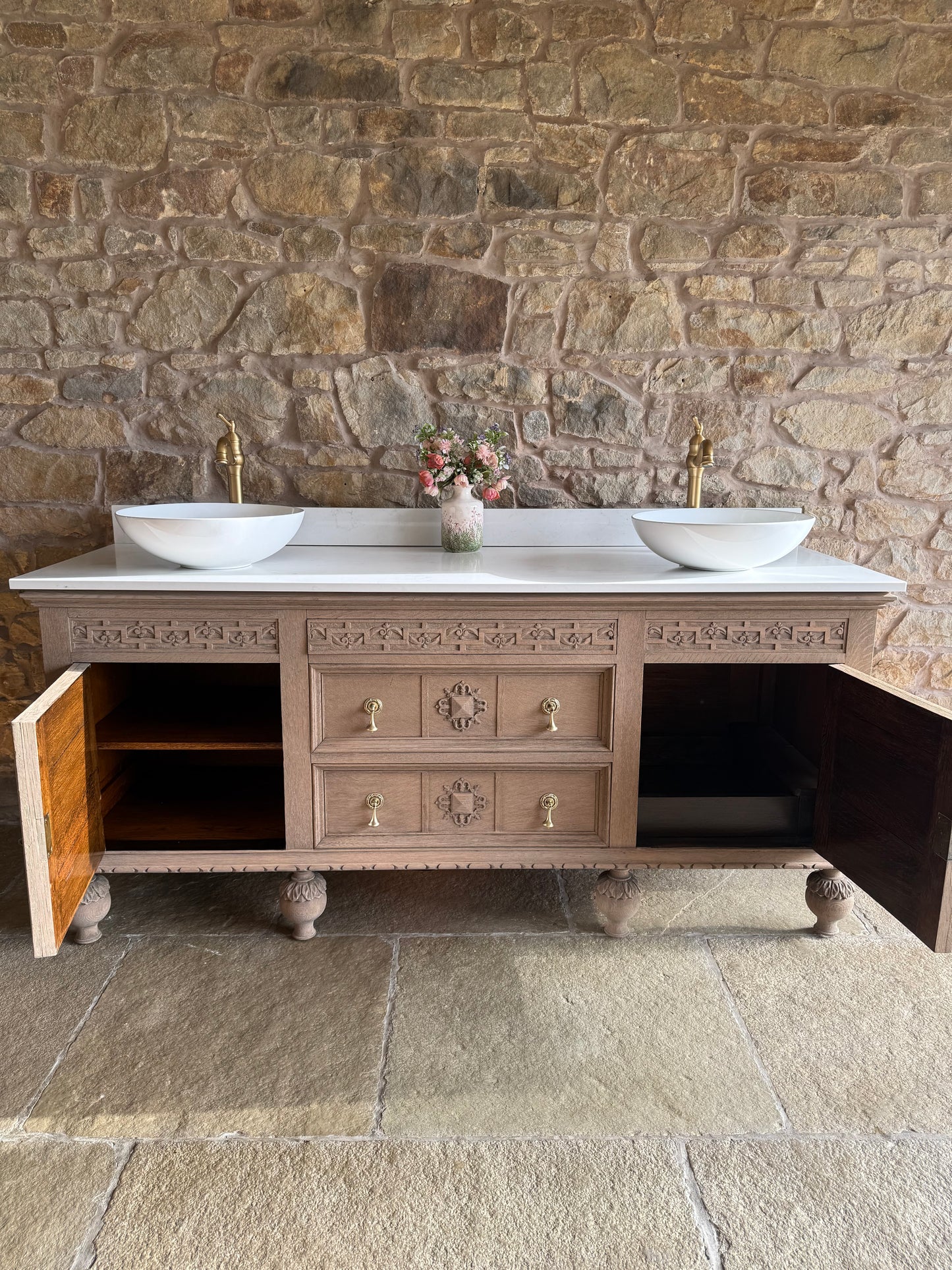 Rustic Large Double Vanity Sink Unit, Quartz top, Upstand and two basins (185cm wide)