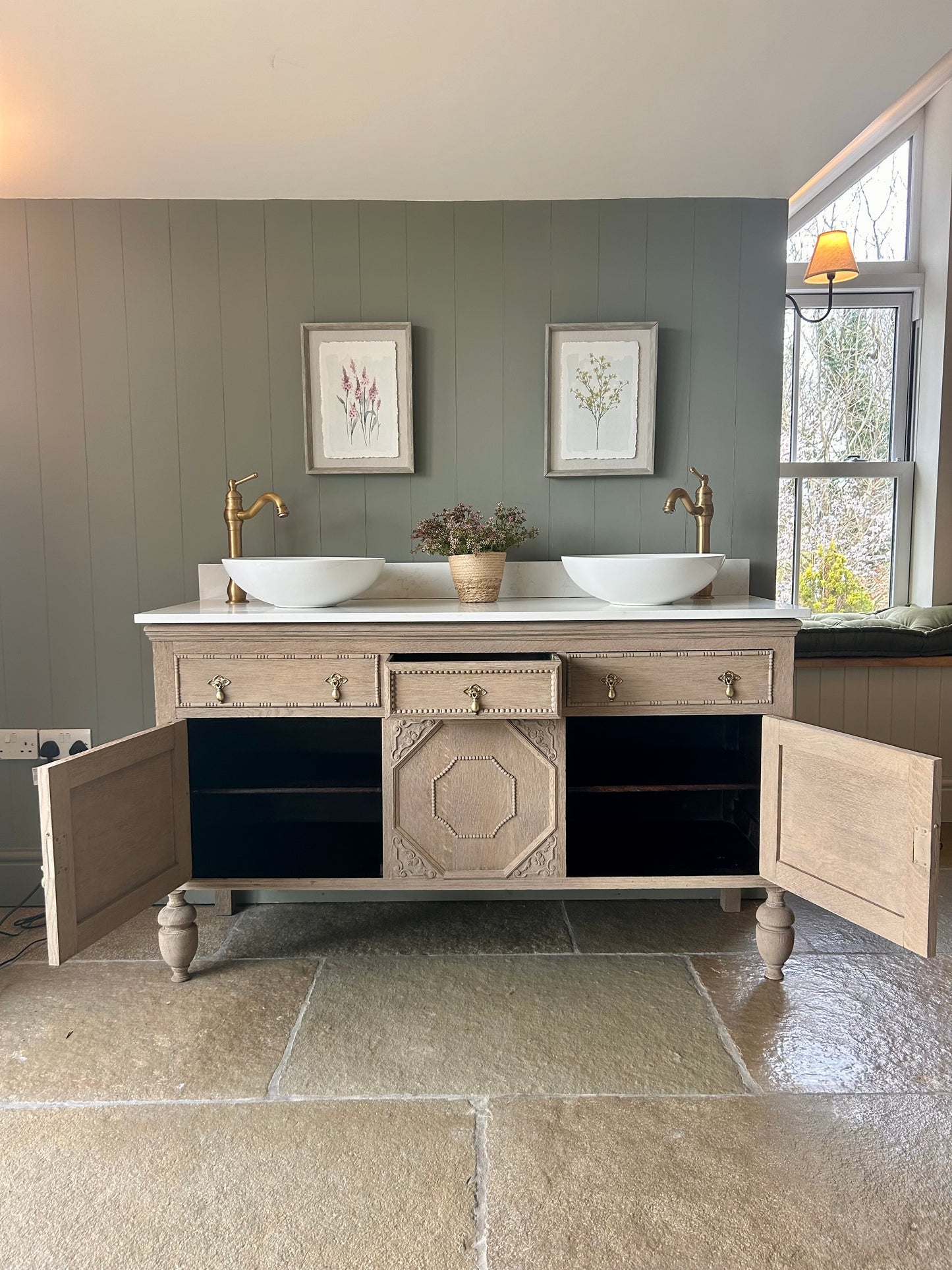 Large Double Vanity Sink 152.5cm wide. Solid light Oak, quartz top and basins.