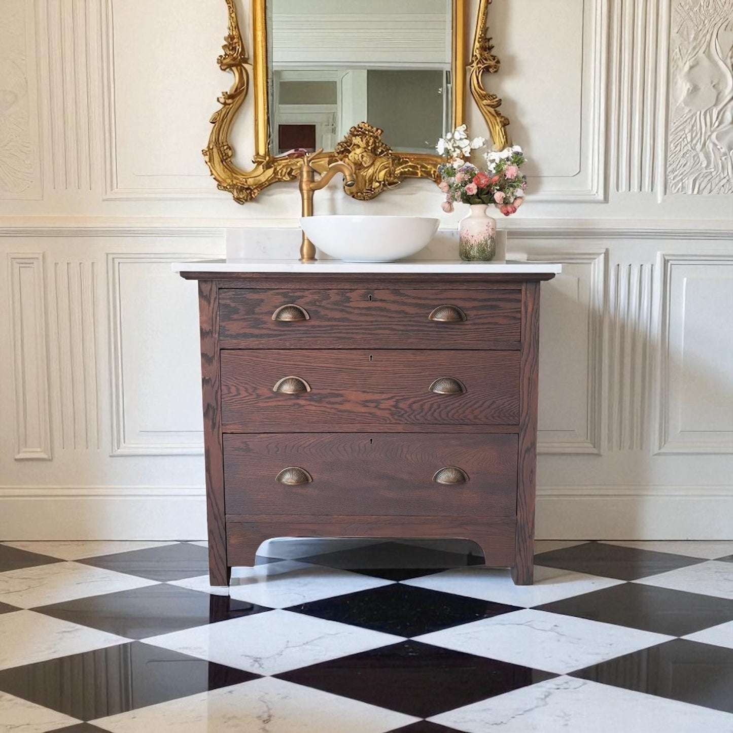 Vintage Vanity Sink in a Classic Dark Oak, Quartz top, Upstand and basin.