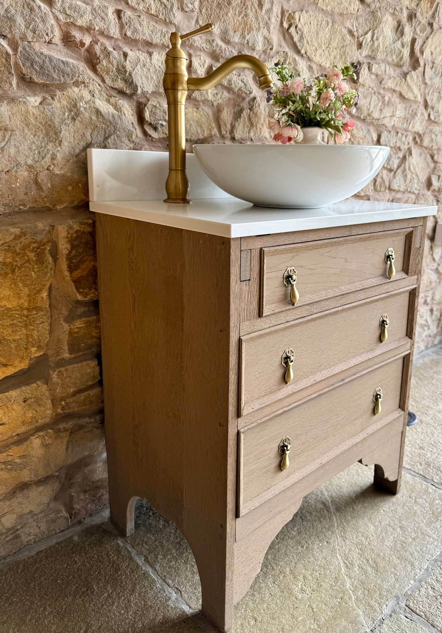 Small Vintage Oak Vanity Unit, Quartz top, Upstand and basin.
