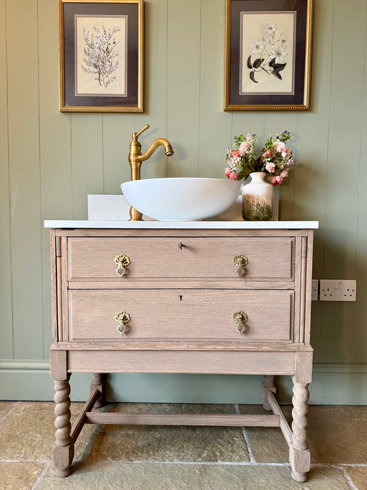 Beautiful Vintage Solid Oak Vanity Sink Unit, Quartz top, Upstand and basin. (75 cm wide)