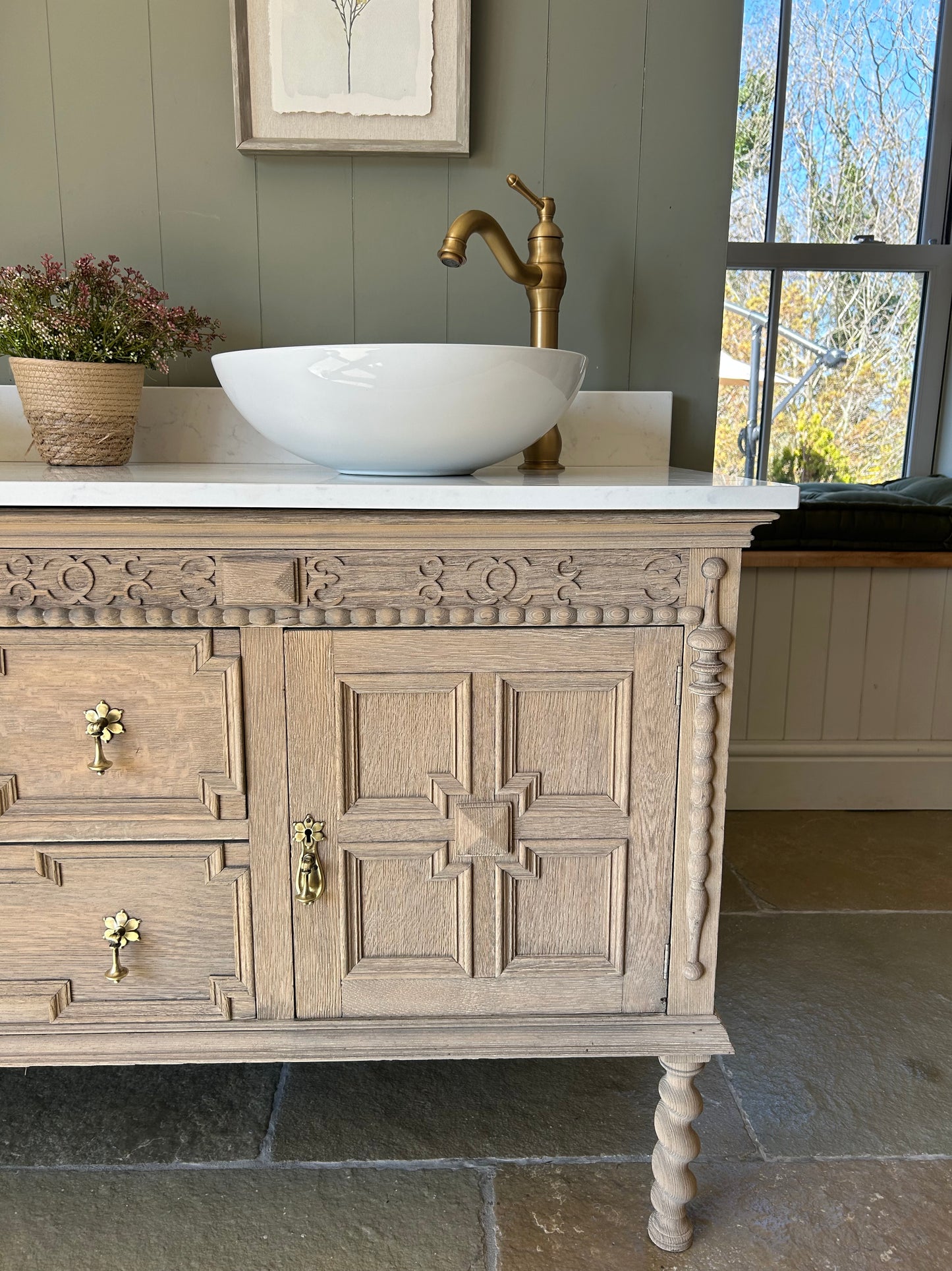 Vintage Solid Oak Vanity Sink, Quartz top, Upstand and basins. 155cm wide