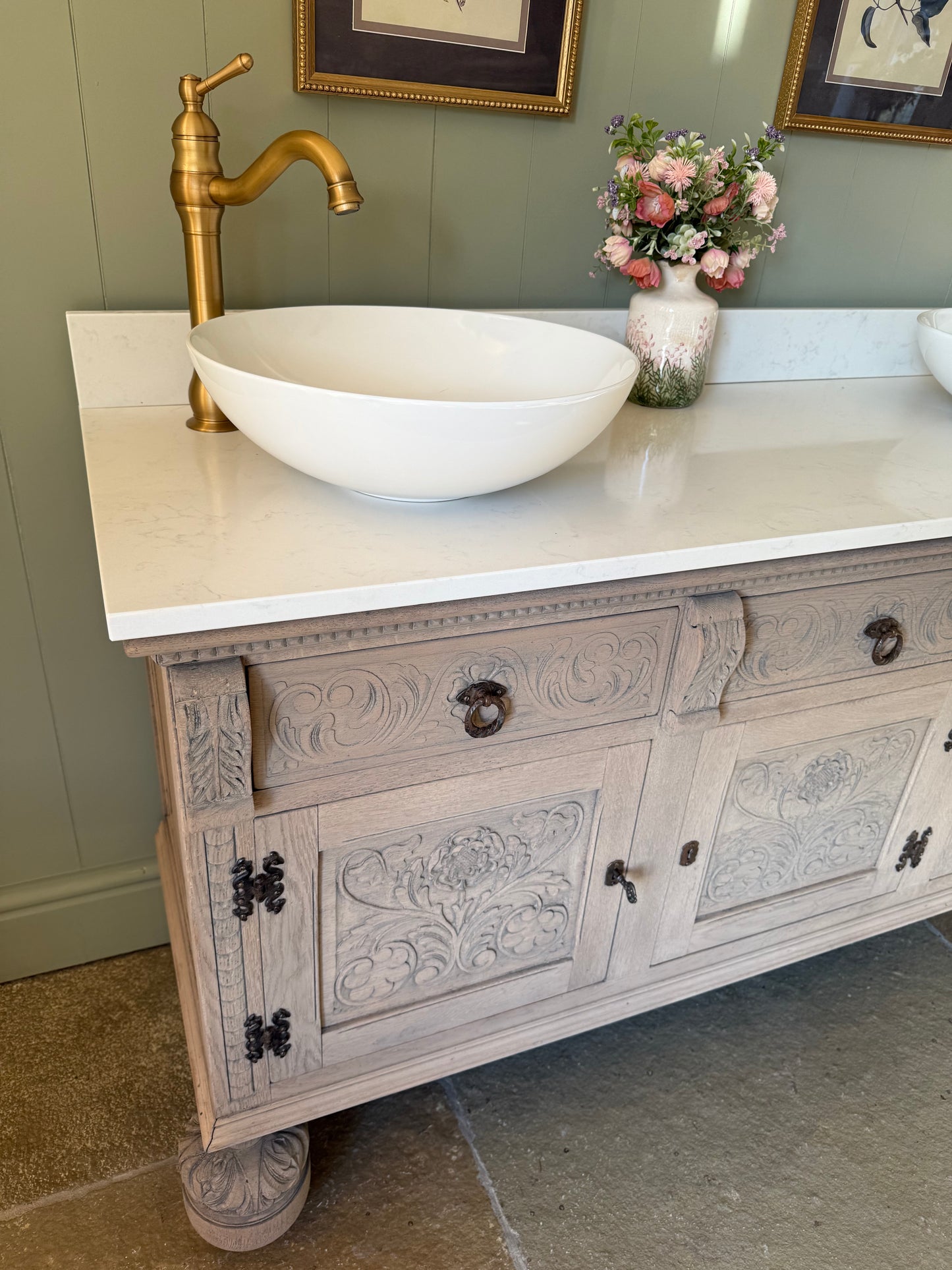 Solid Oak Vintage Double Vanity Sink Unit, Quartz top, Upstand and two basins