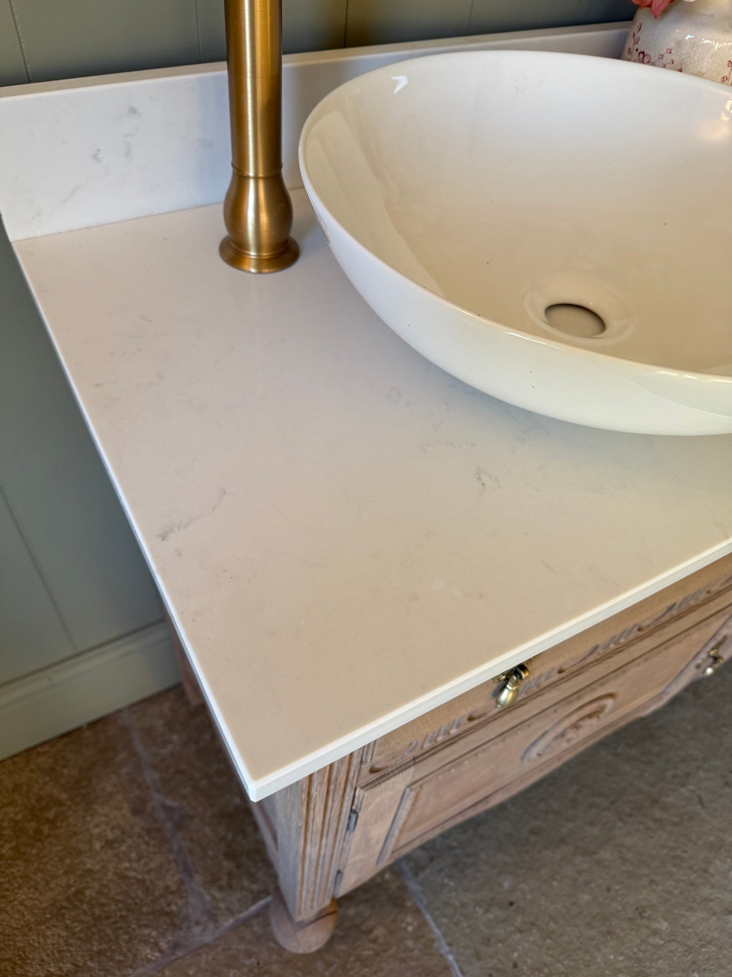 Double solid oak Vanity Sink, Carrara Quartz Top, Upstand and two basins. (123.5cm wide)