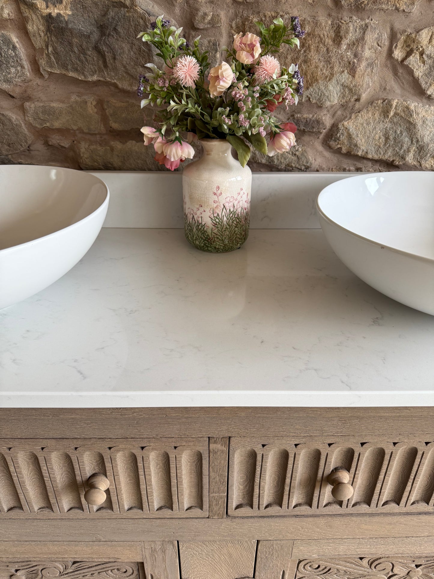 Solid Oak Double Vanity Sink Unit, Quartz Top, Upstand and two basins. (127cm wide)