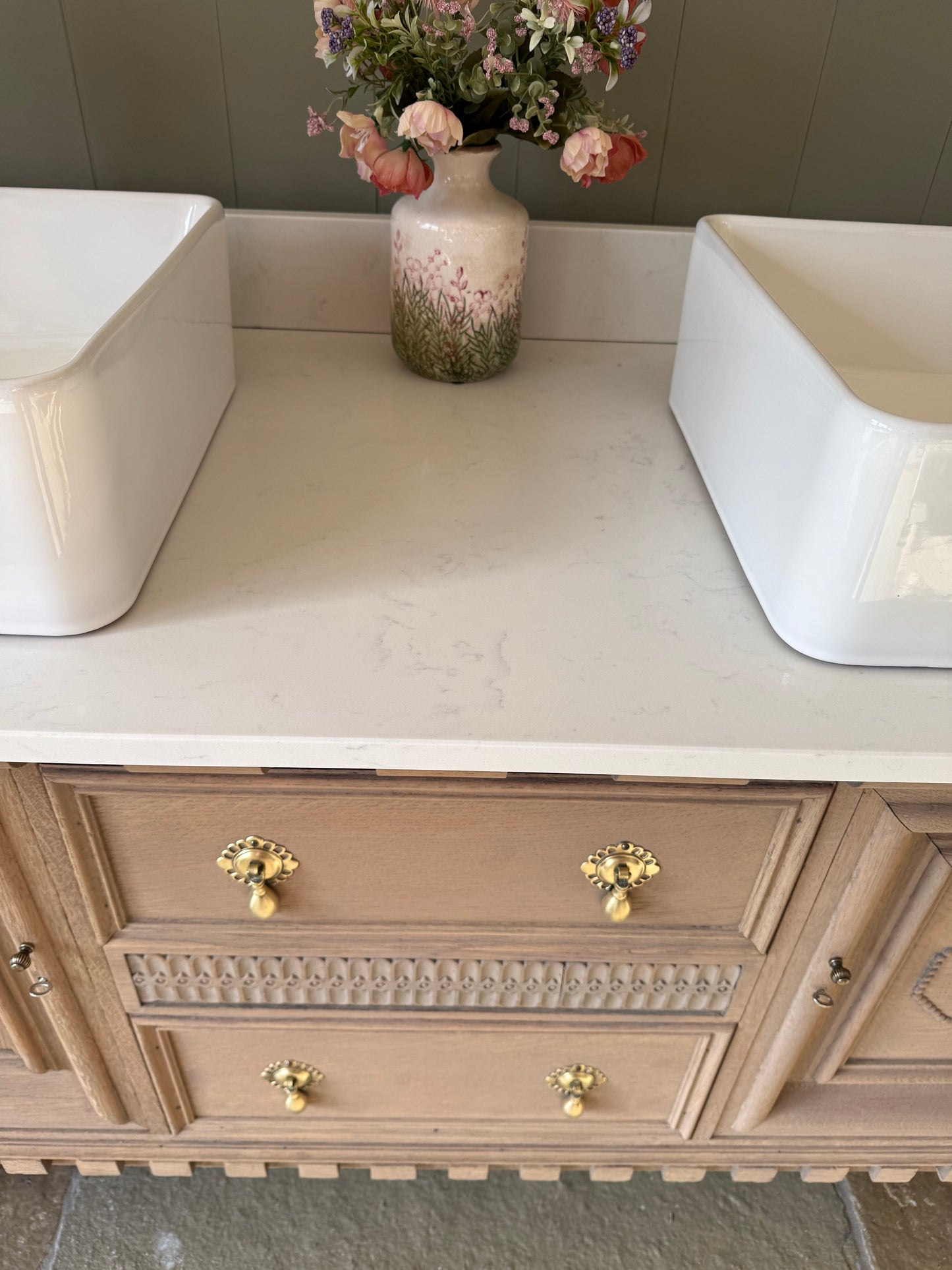 Large Vintage Solid Oak Vanity Sink unit, Carrara Quartz top, Upstand and two basins (choice of rectangular or circular) 154cm wide.