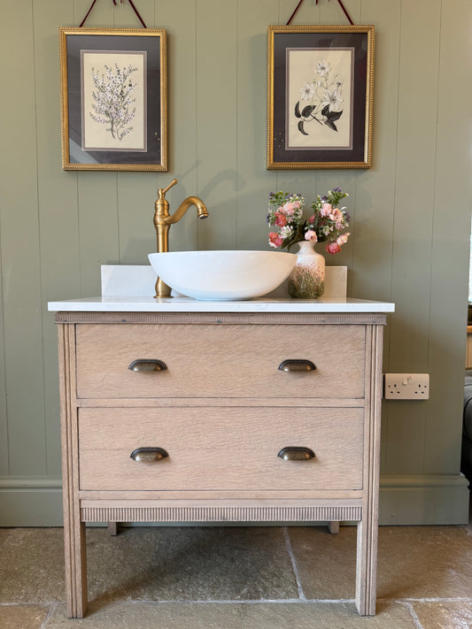 Single Vintage Oak Vanity finished in a Weathered Light Oak, Carrara Quartz Top, Upstand and basin. (79cm wide)