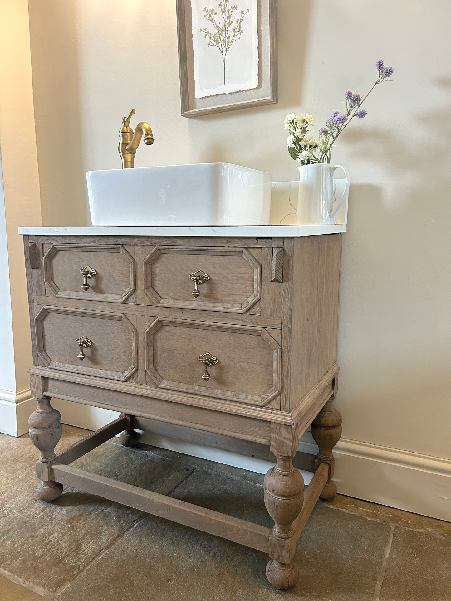 Vintage Weathered oak vanity sink unit with quartz/marble top 76cm wide