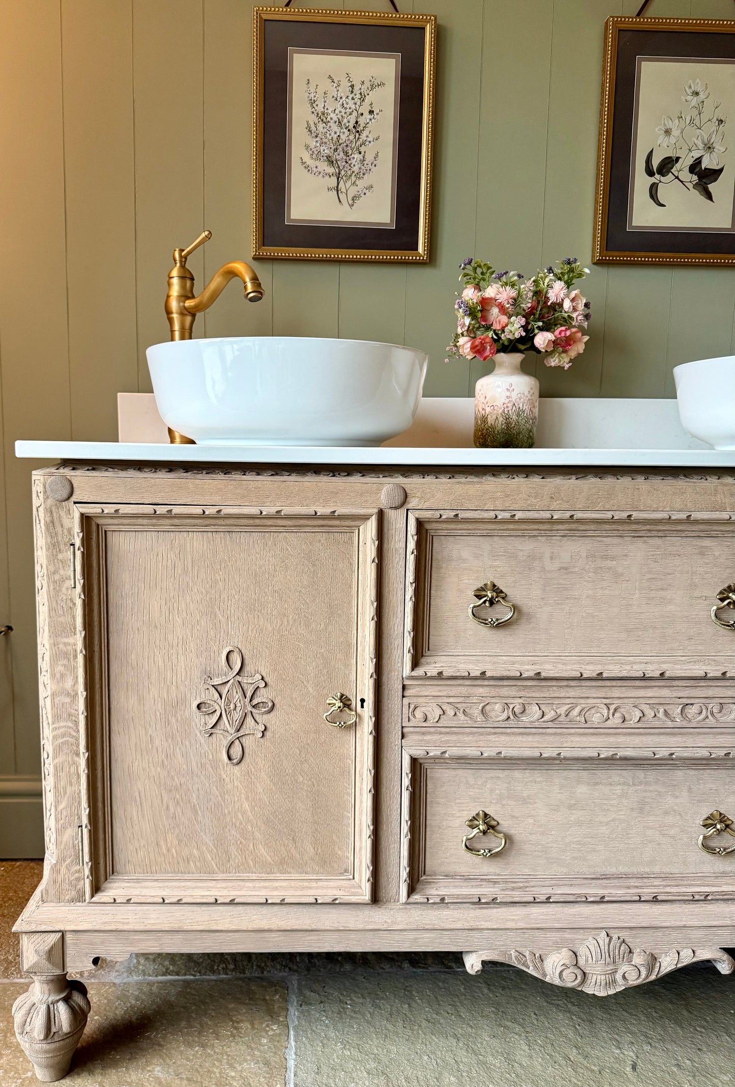 Pretty Solid Oak Double Vanity Sink Unit finished in a light weathered oak, Carrara Quartz top, Upstand and two basins. ( 148cm wide)
