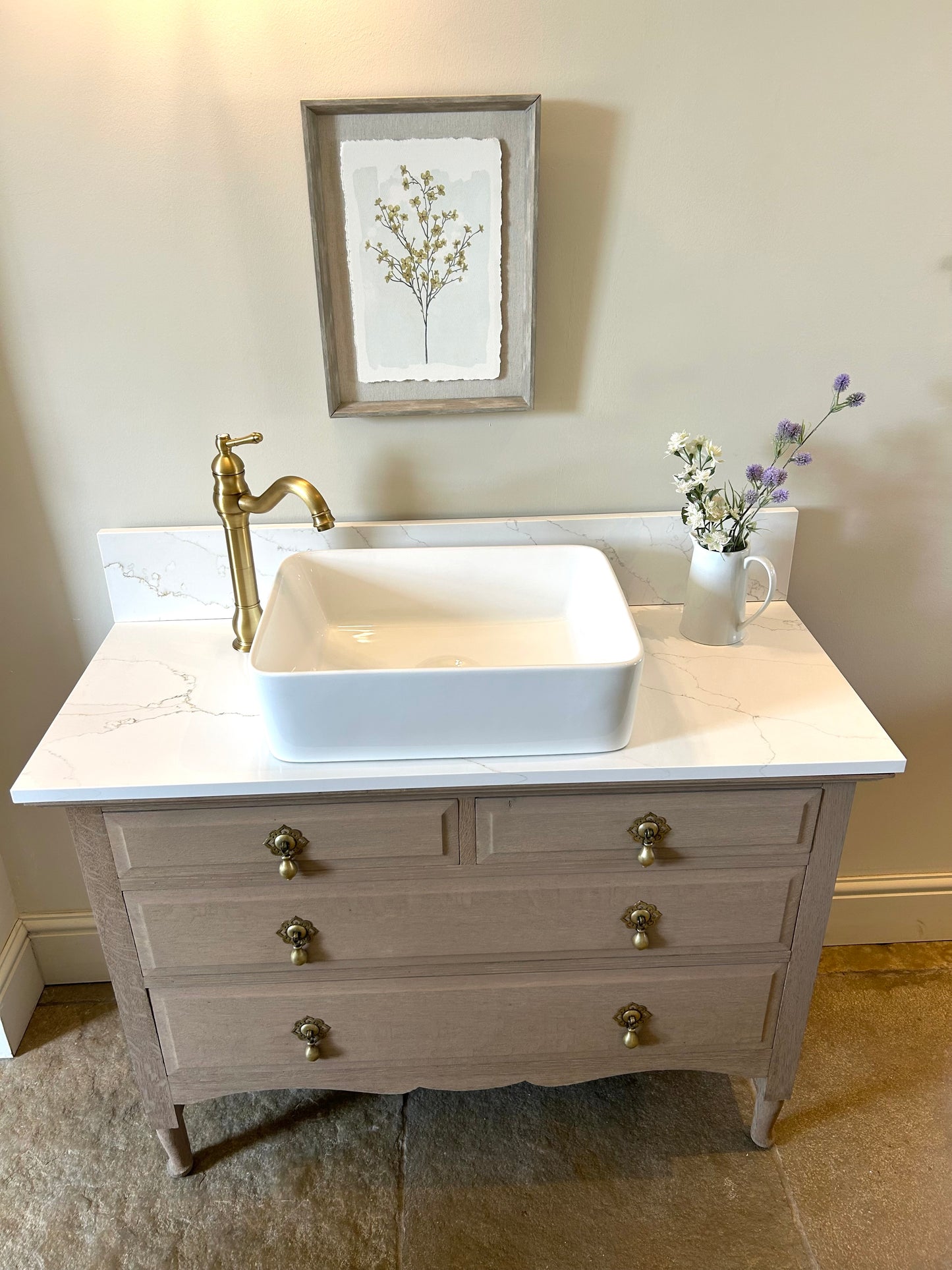 Large Single Marble Topped Vanity Sink 108cm width