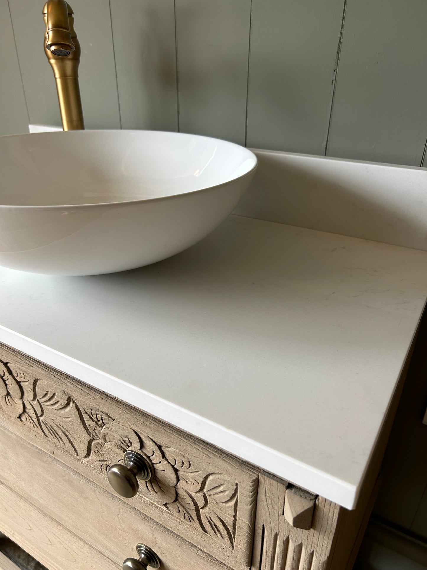 Vintage Oak Vanity Sink with quartz top, basin and Upstand 77cm wide