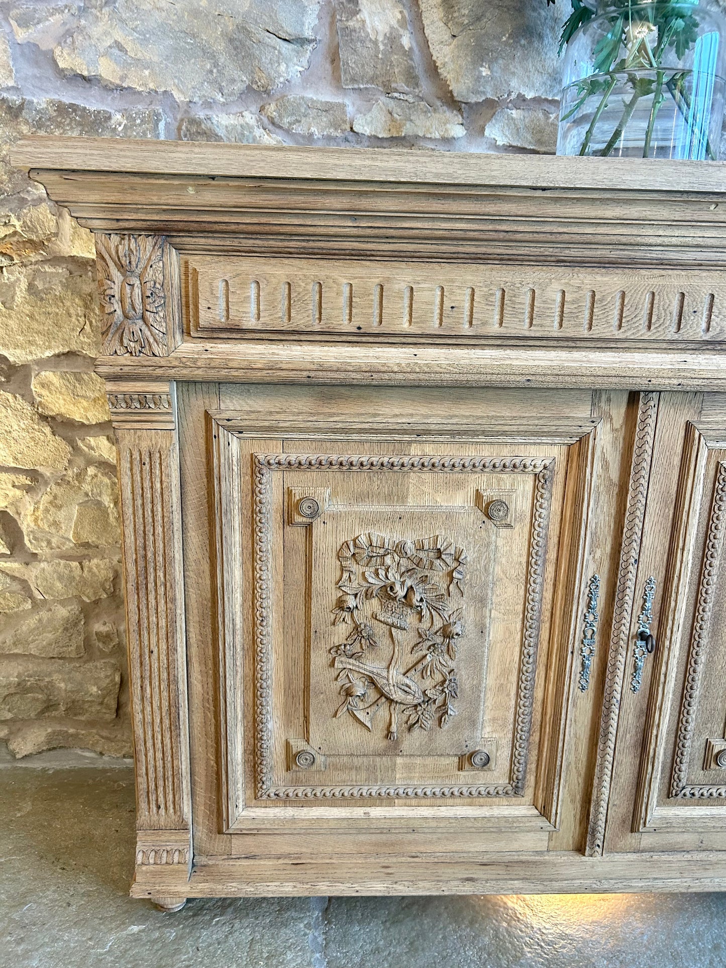 Rustic Solid Oak Narrow Sideboard with pretty Musical and Floral Carvings