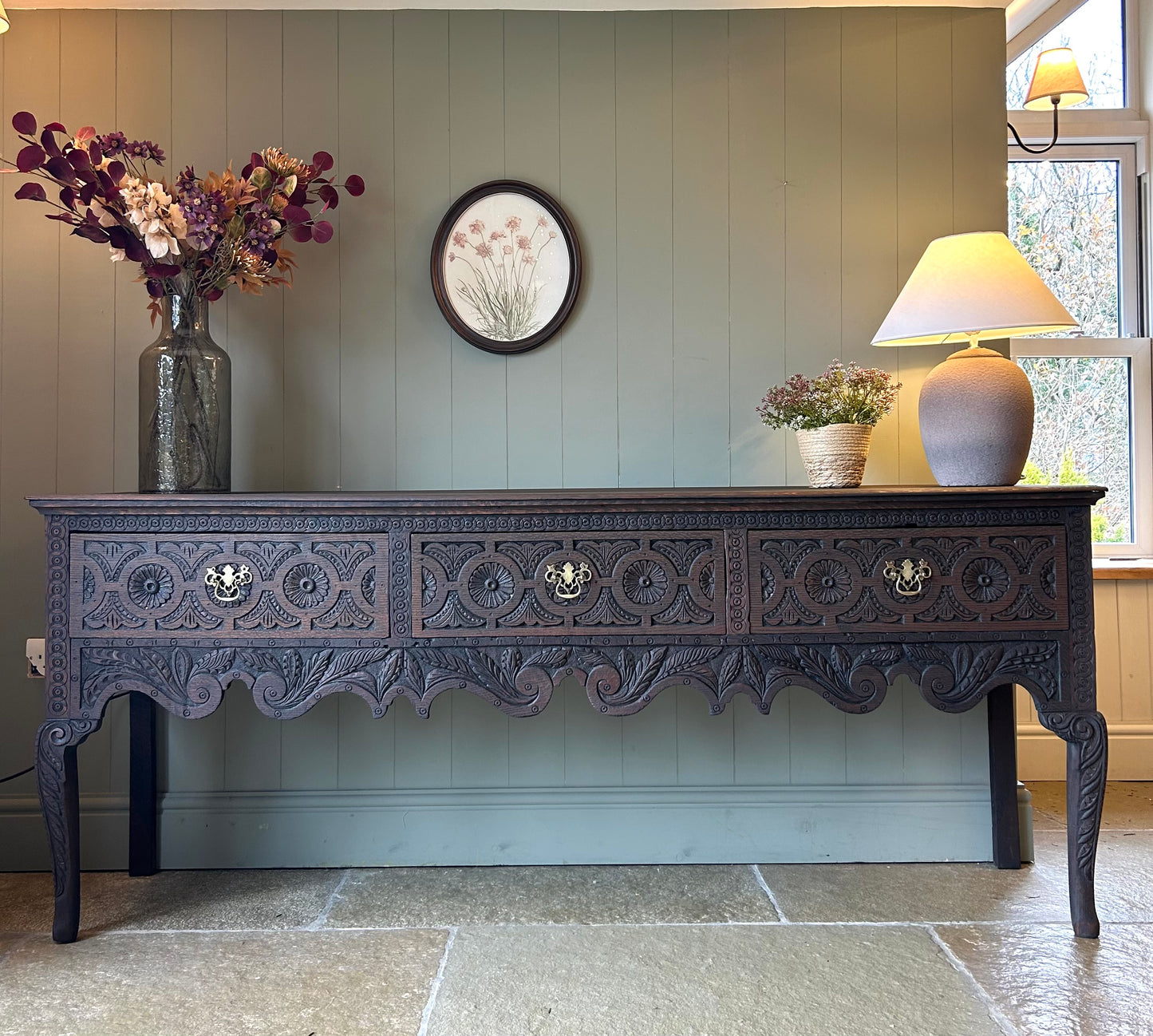 Antique Large Dark Solid Oak console table