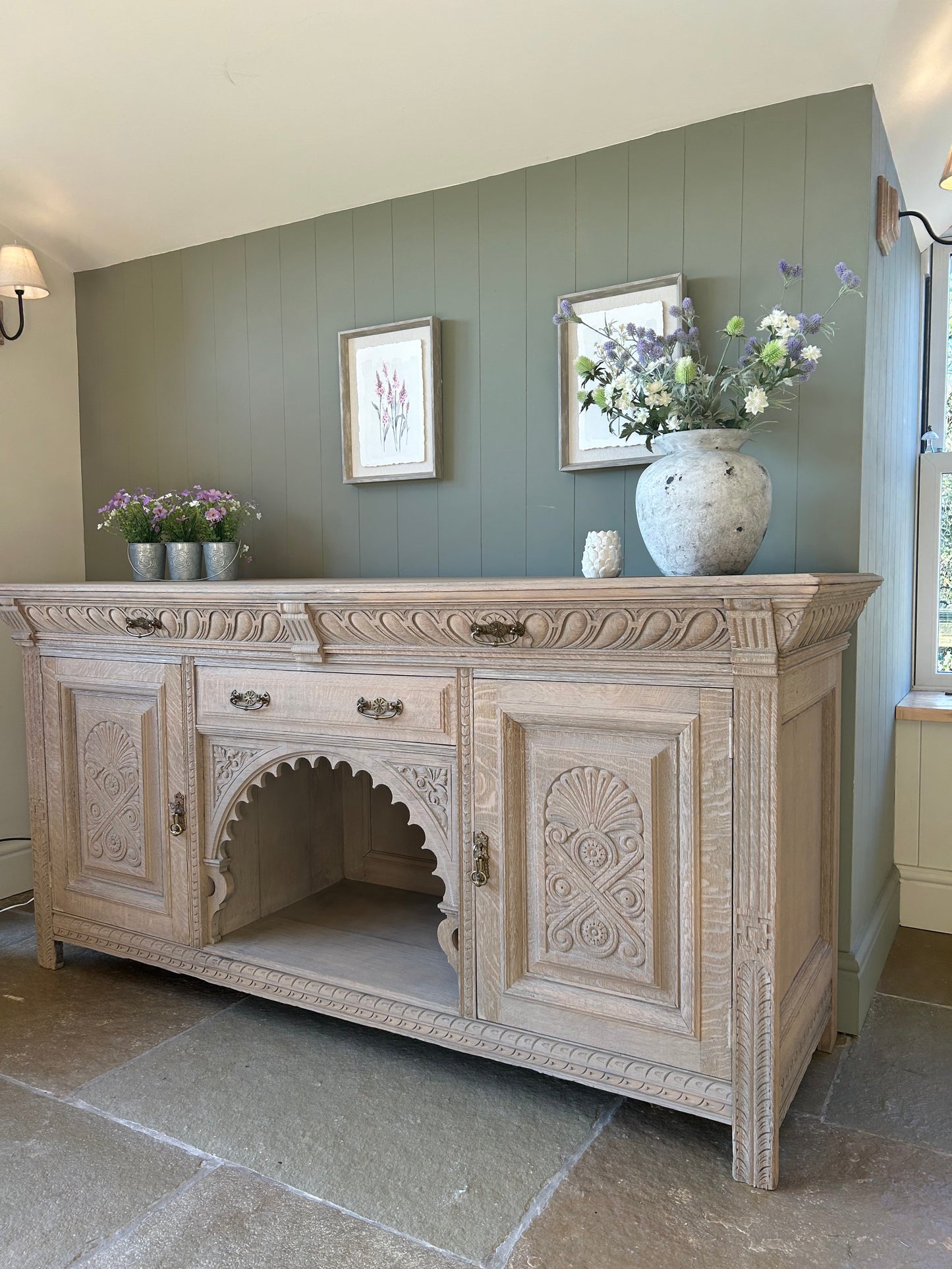 Large Vintage Weathered Oak Sideboard with Ornate Detailing.