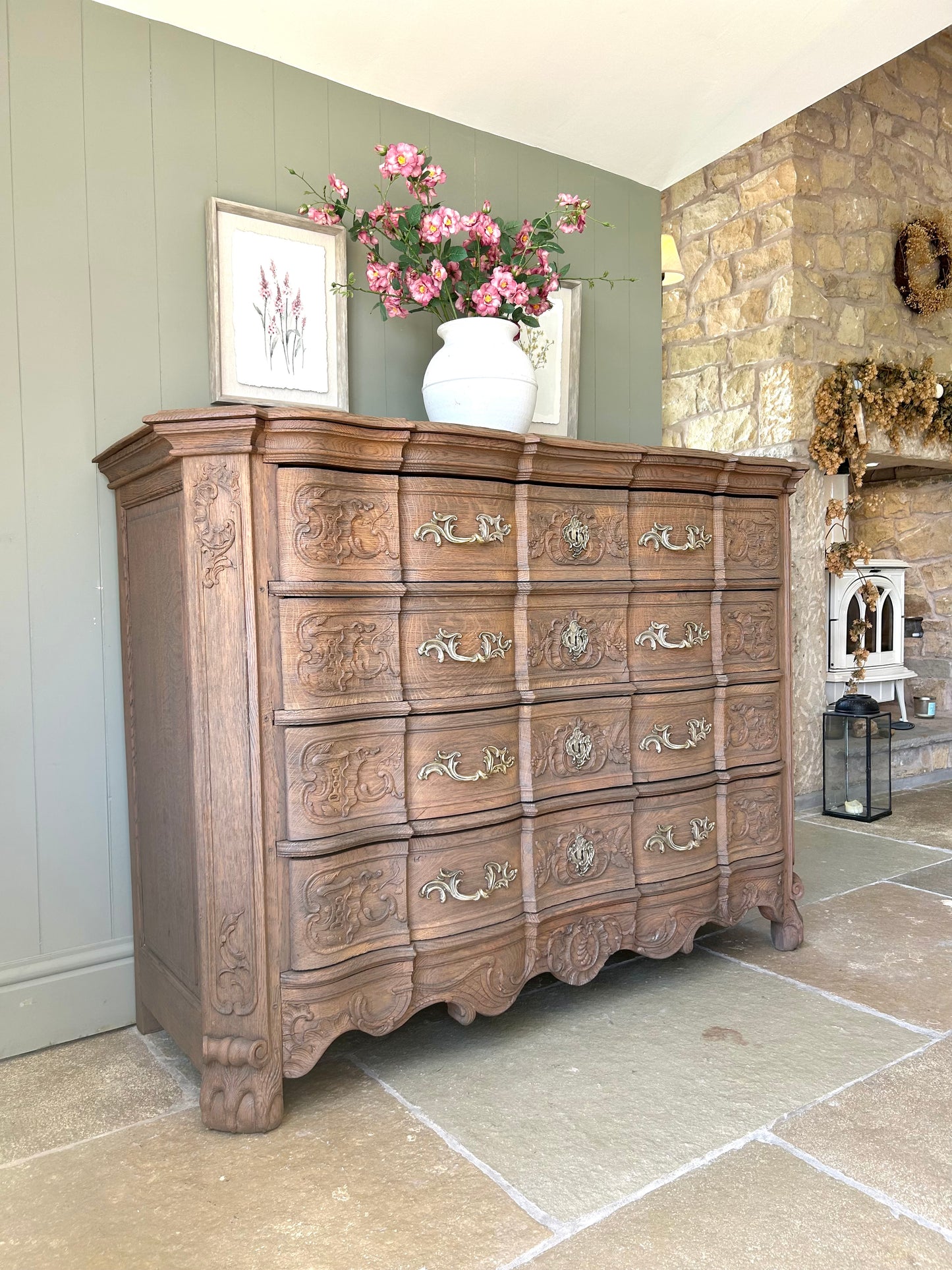 Large Antique French (c1890) Chest of Drawers, solid oak finished in a warm mid oak.