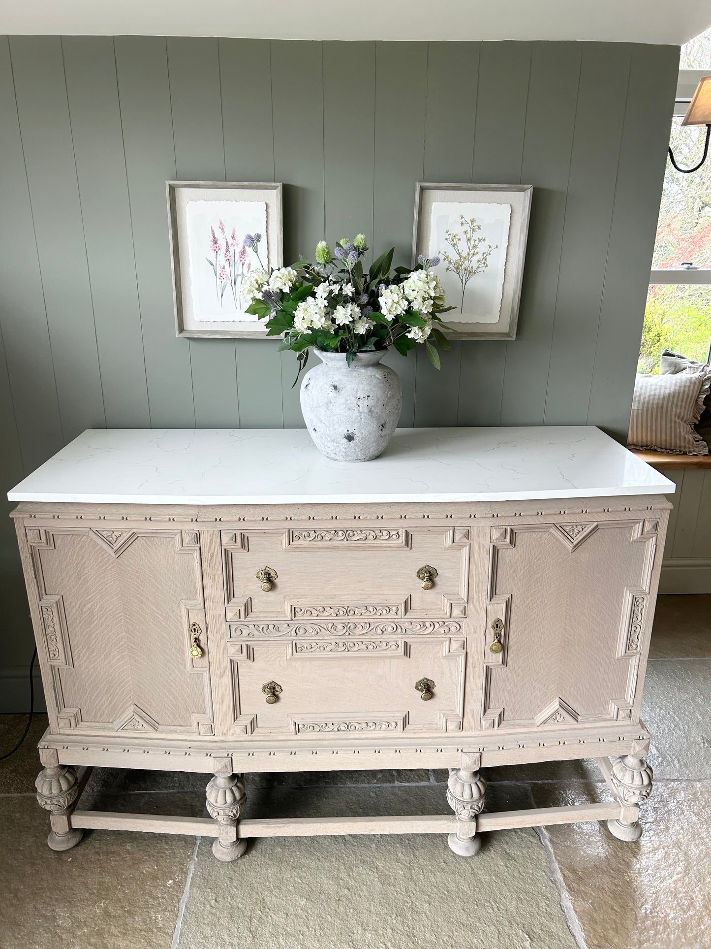 Vintage Rustic Oak Ornate Carved Sideboard with Quartz Top