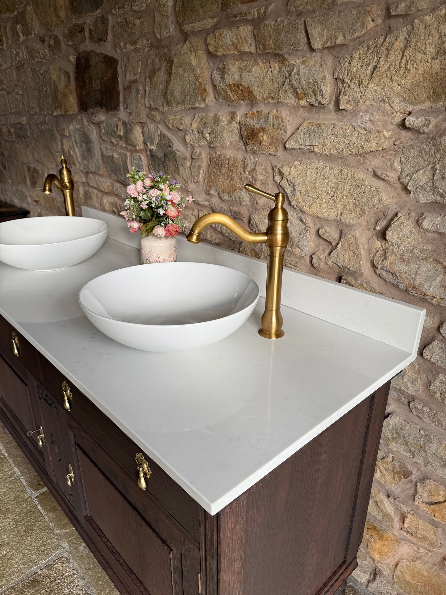 Vintage Solid Oak Vanity Sink, in a Classic Dark Oak, Quartz Top, Upstand and two basins