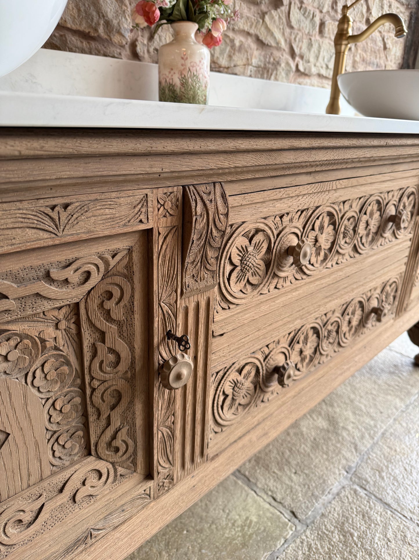 Antique Ornate Solid Oak large, double vanity Sink, Carrara Quartz top, Upstand and two basins. (185cm wide)