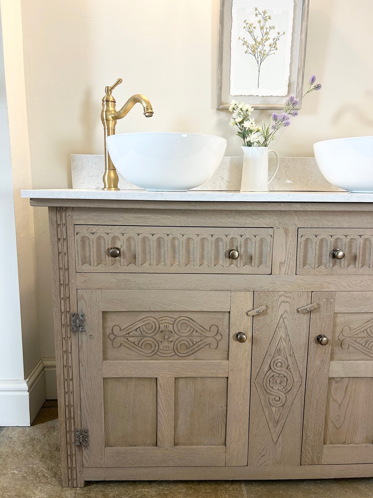 Large Rustic Vintage Double Vanity with Quartz top.