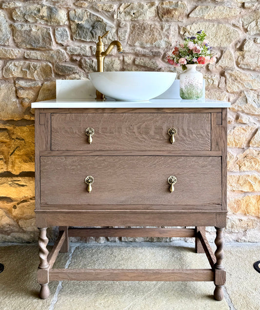 Vintage Oak Vanity Unit Quartz Top Upstand and Basin (79cm wide)