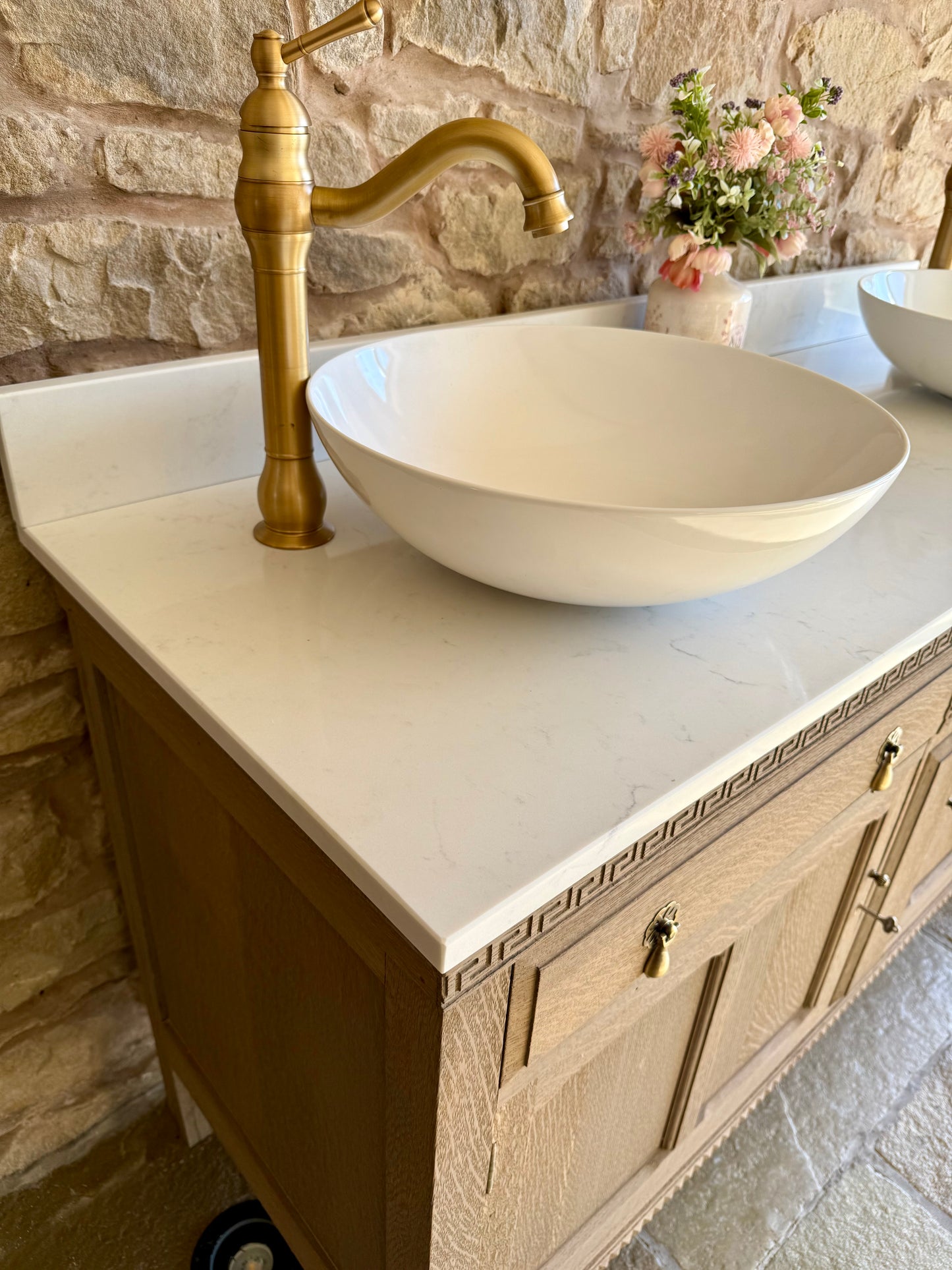 Vintage Double Oak Vanity Sink, Carrara Quartz top, Upstand and two basins. (138.5cm wide)