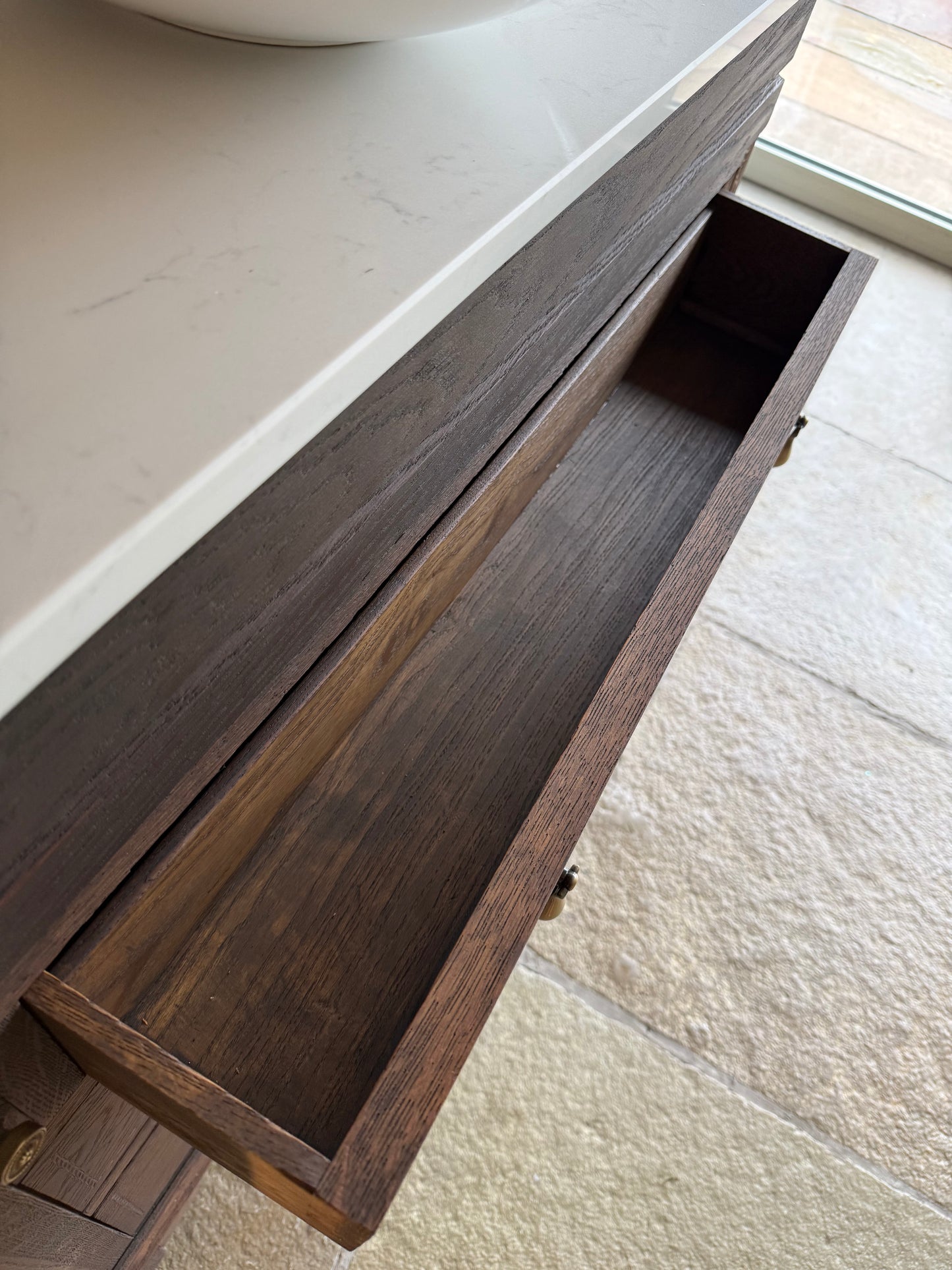 Vintage Solid Oak Vanity Sink Unit, Carrara Quartz Top, Upstand and Basin (94cm wide)