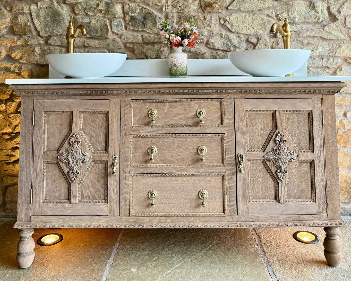 Vintage Solid Oak Double Vanity Sink, Carrara Quartz Top, Upstand and Two Basins
