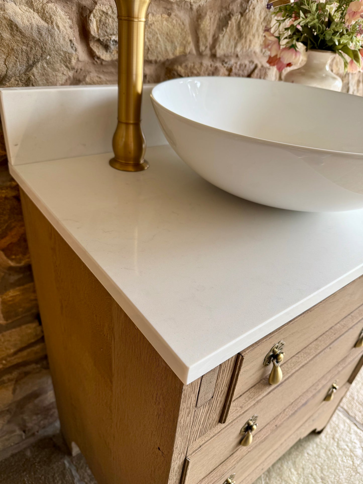 Small Vintage Oak Vanity Unit, Quartz top, Upstand and basin.